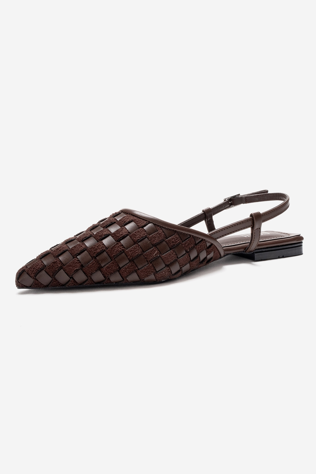 CHANDA - Brown Pointed Toe Sandal – heel view showing leather, Vowalisse