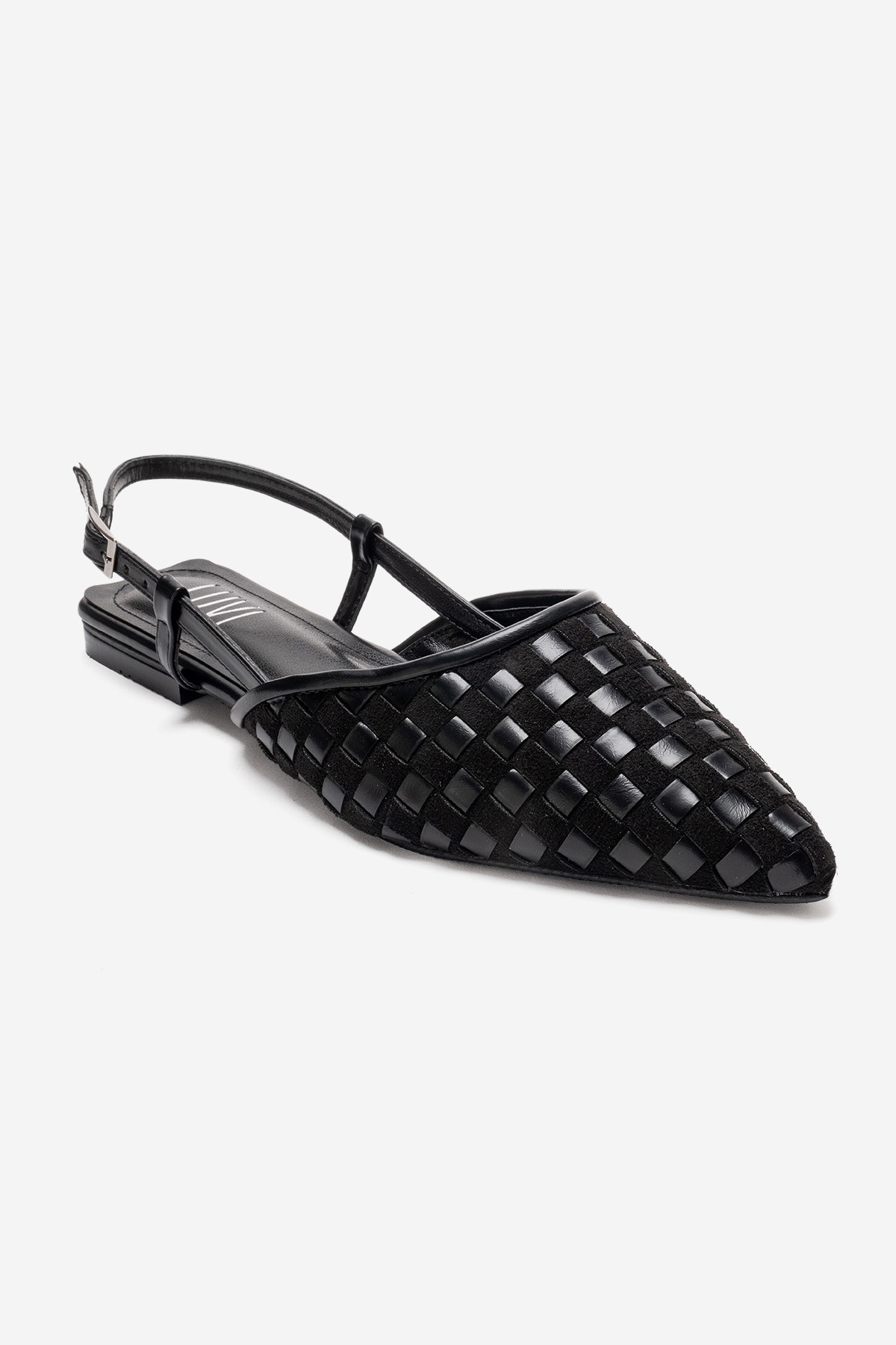 CHANDA - Black Pointed Toe Sandal – detail view showing leather, black, Vowalisse