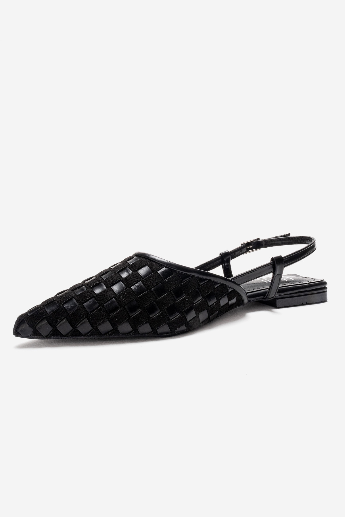 CHANDA - Black Pointed Toe Sandal – heel view showing leather, black, Vowalisse