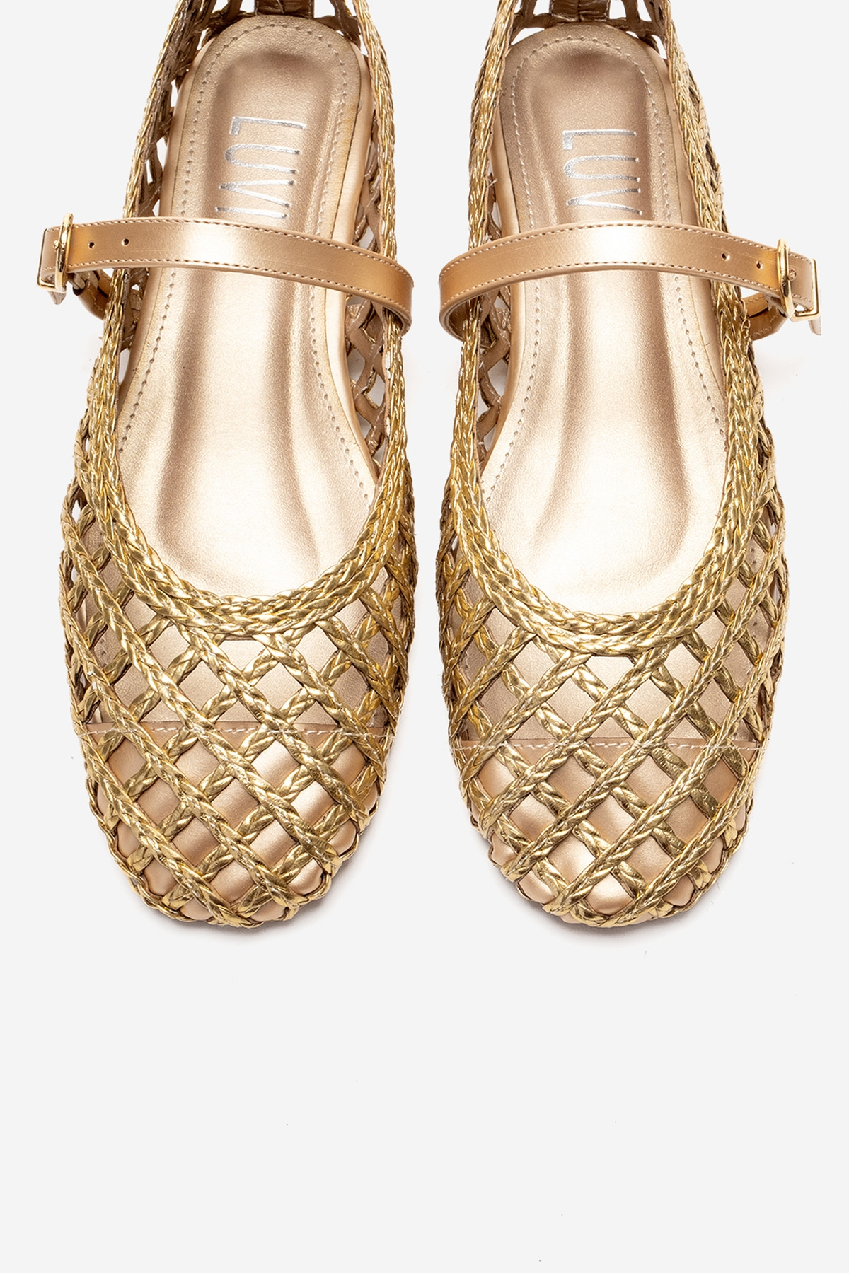 DOUX - Gold Braided Strap Detail Ballet Flat – side view showing leather, gold, Vowalisse
