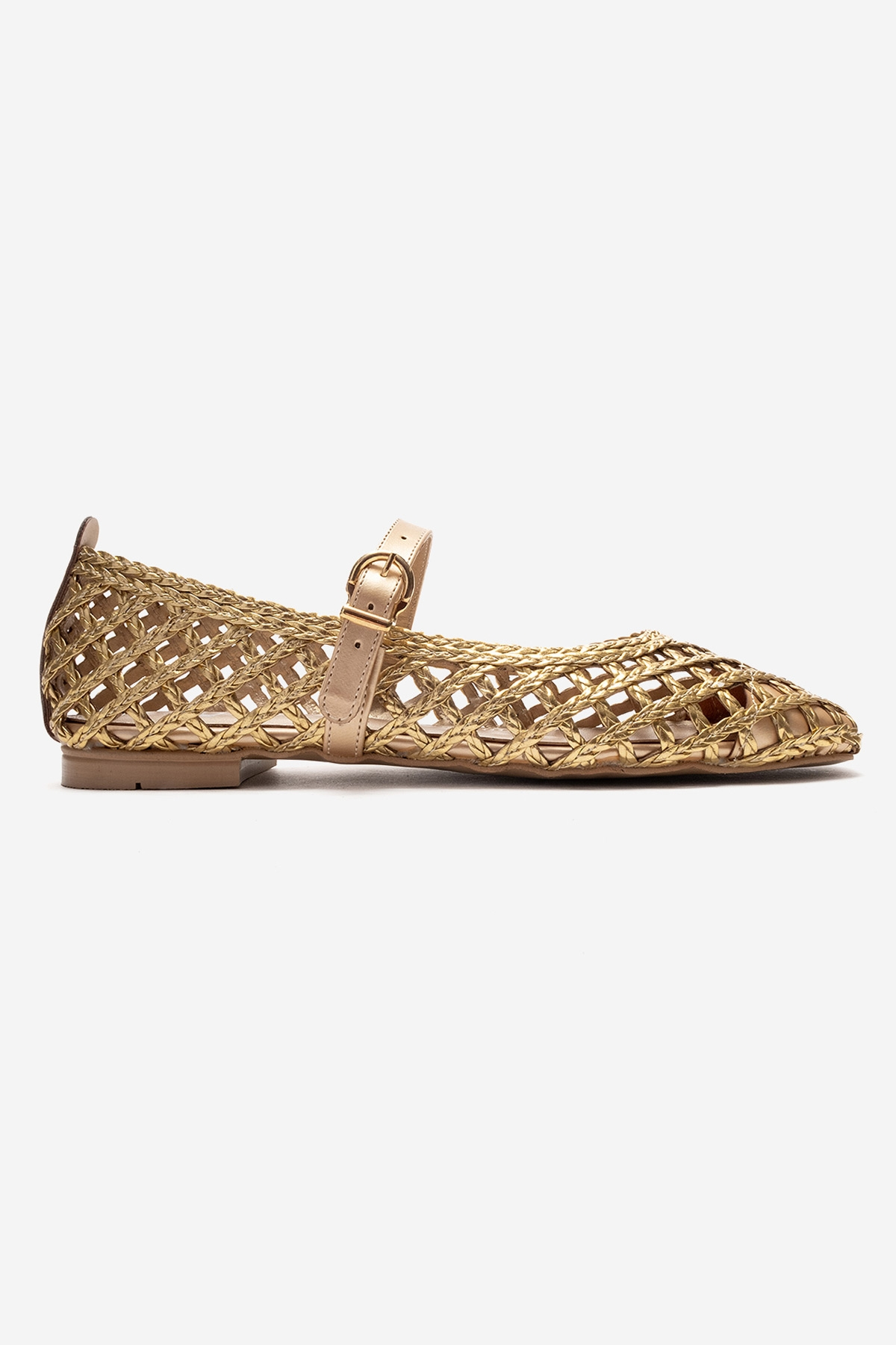 DOUX - Gold Braided Strap Detail Ballet Flat – top view showing leather, gold, Vowalisse