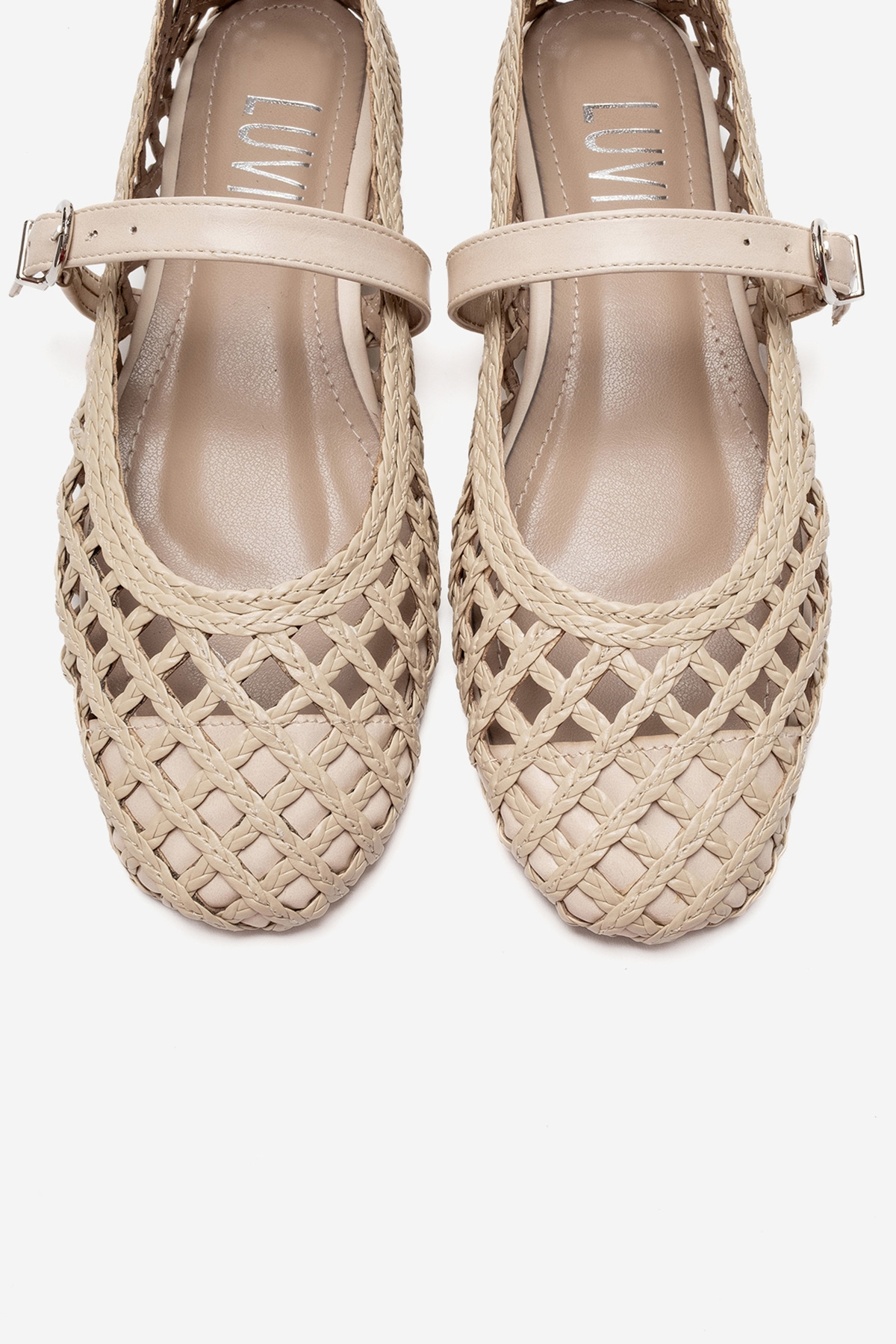 DOUX - Beige Genuine Leather Braided Textured Band Ballet Flat – side view showing leather, red, Vowalisse