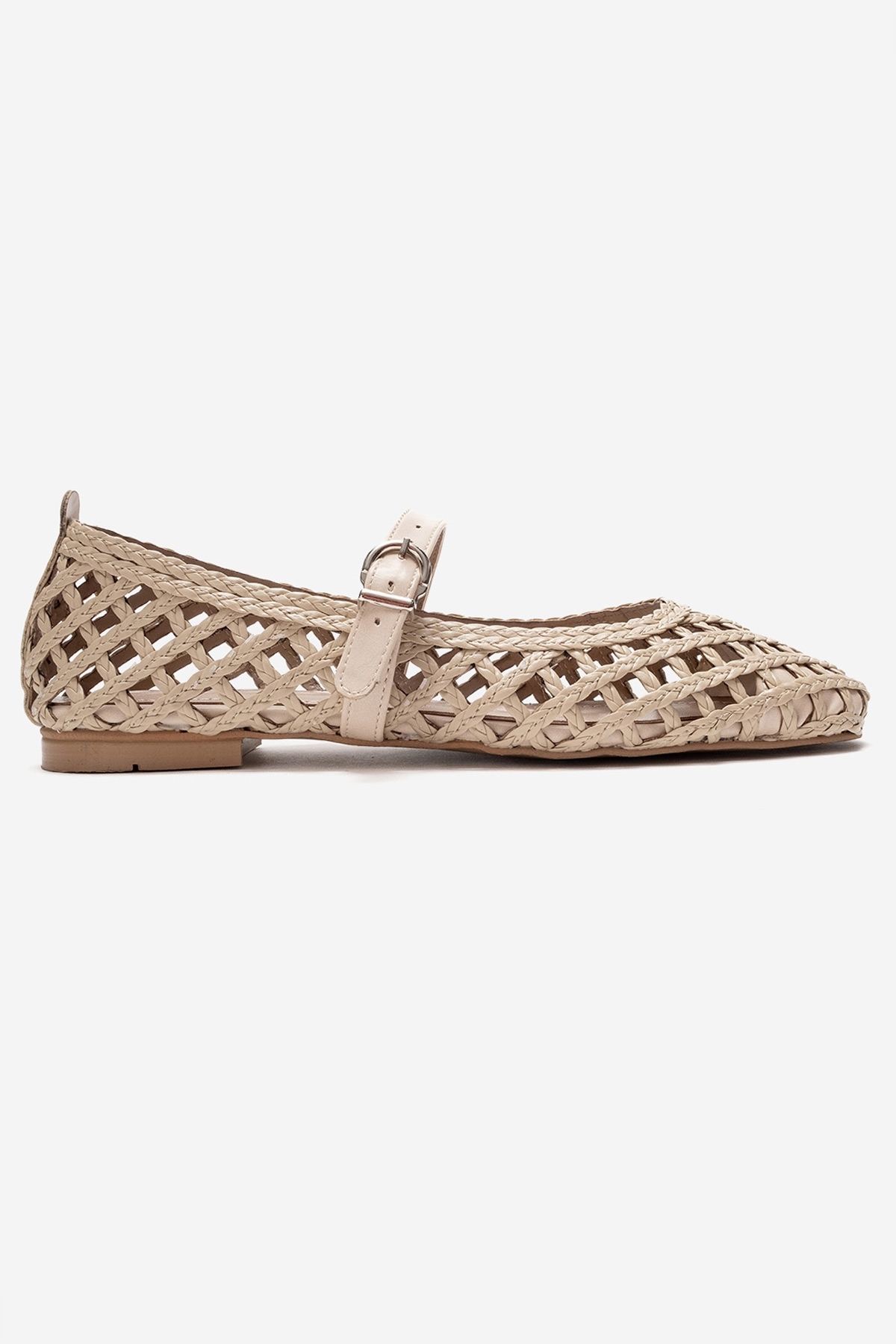 DOUX - Beige Genuine Leather Braided Textured Band Ballet Flat – top view showing leather, red, Vowalisse