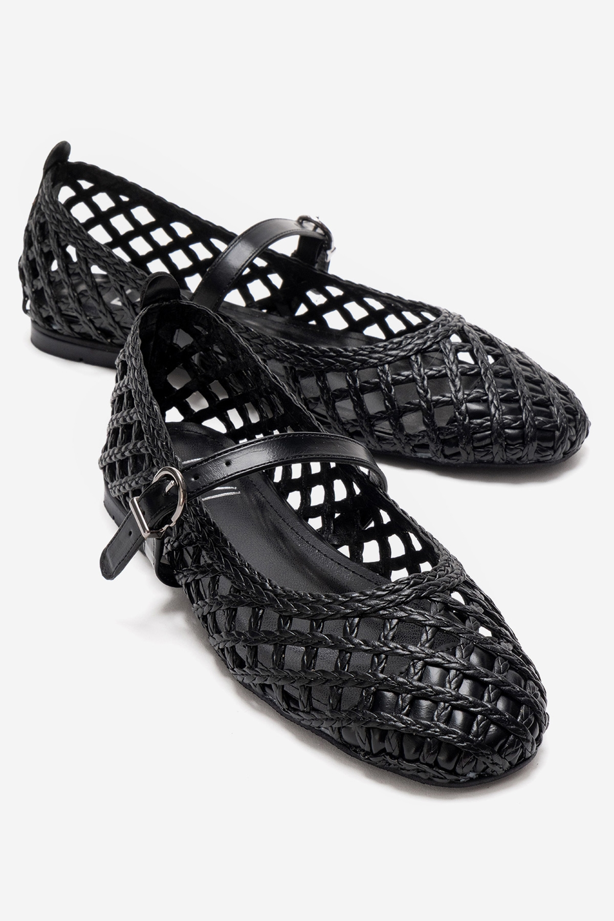 DOUX - Black Genuine Leather Braided Textured Band Ballet Flat – front three-quarter view showing leather, black, red…