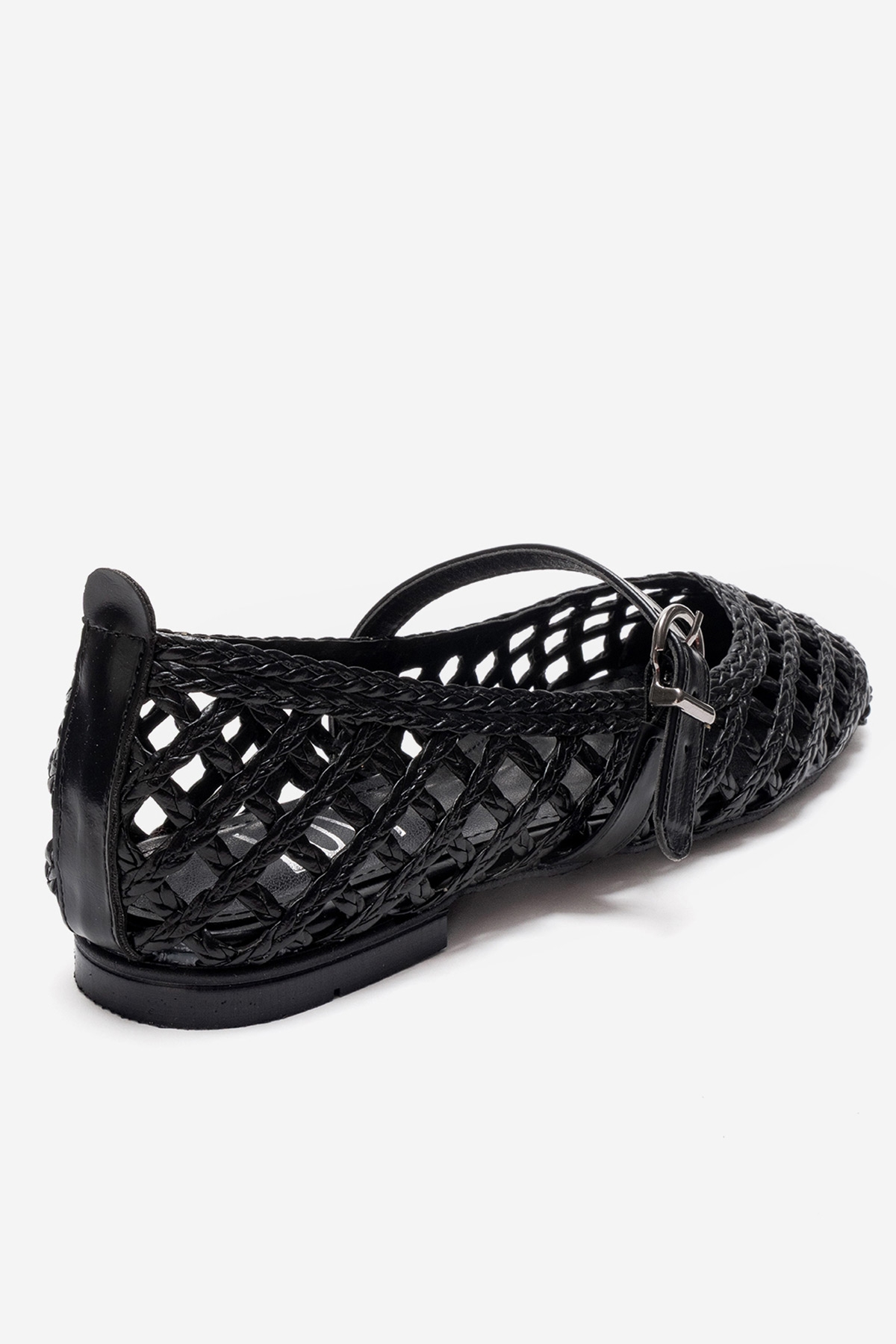 DOUX - Black Genuine Leather Braided Textured Band Ballet Flat – back view showing leather, black, red, Vowalisse
