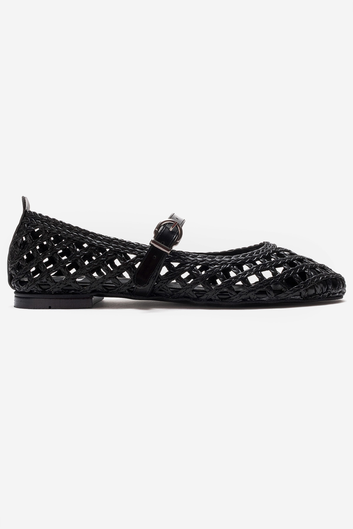 DOUX - Black Genuine Leather Braided Textured Band Ballet Flat – top view showing leather, black, red, Vowalisse