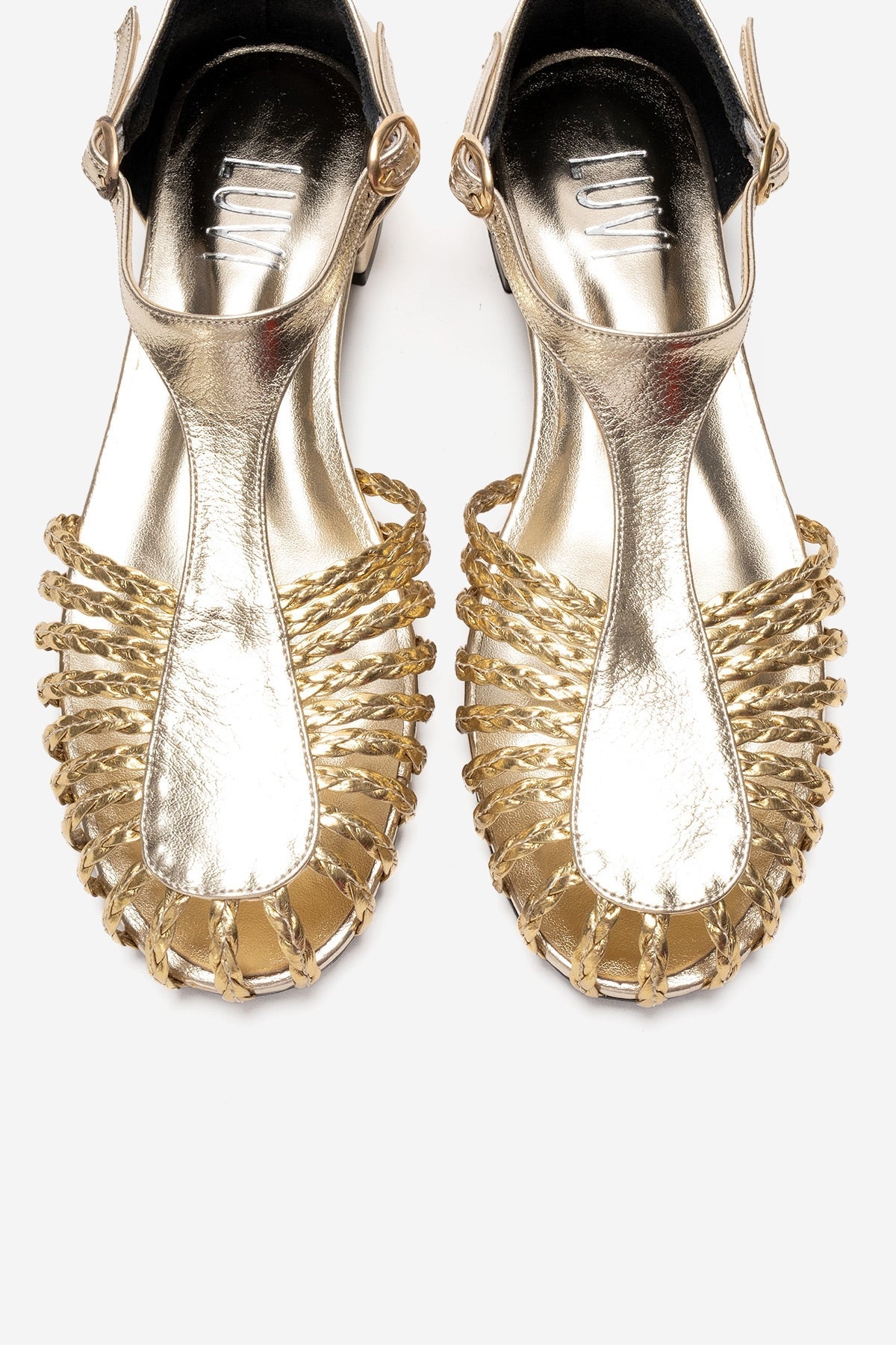 ONOS - Gold Woven Detail Sandal – side view showing leather, metallic, gold, Vowalisse
