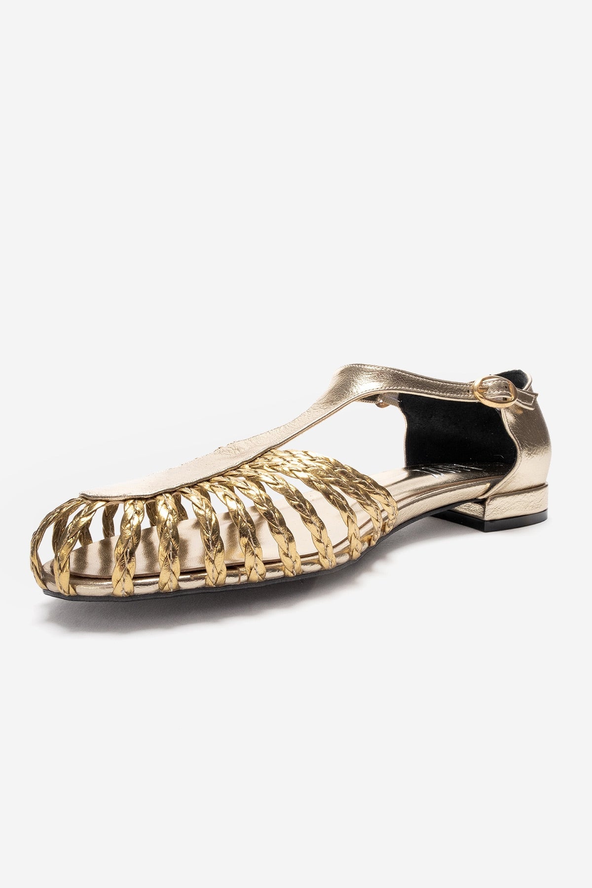 ONOS - Gold Woven Detail Sandal – heel view showing leather, metallic, gold, Vowalisse