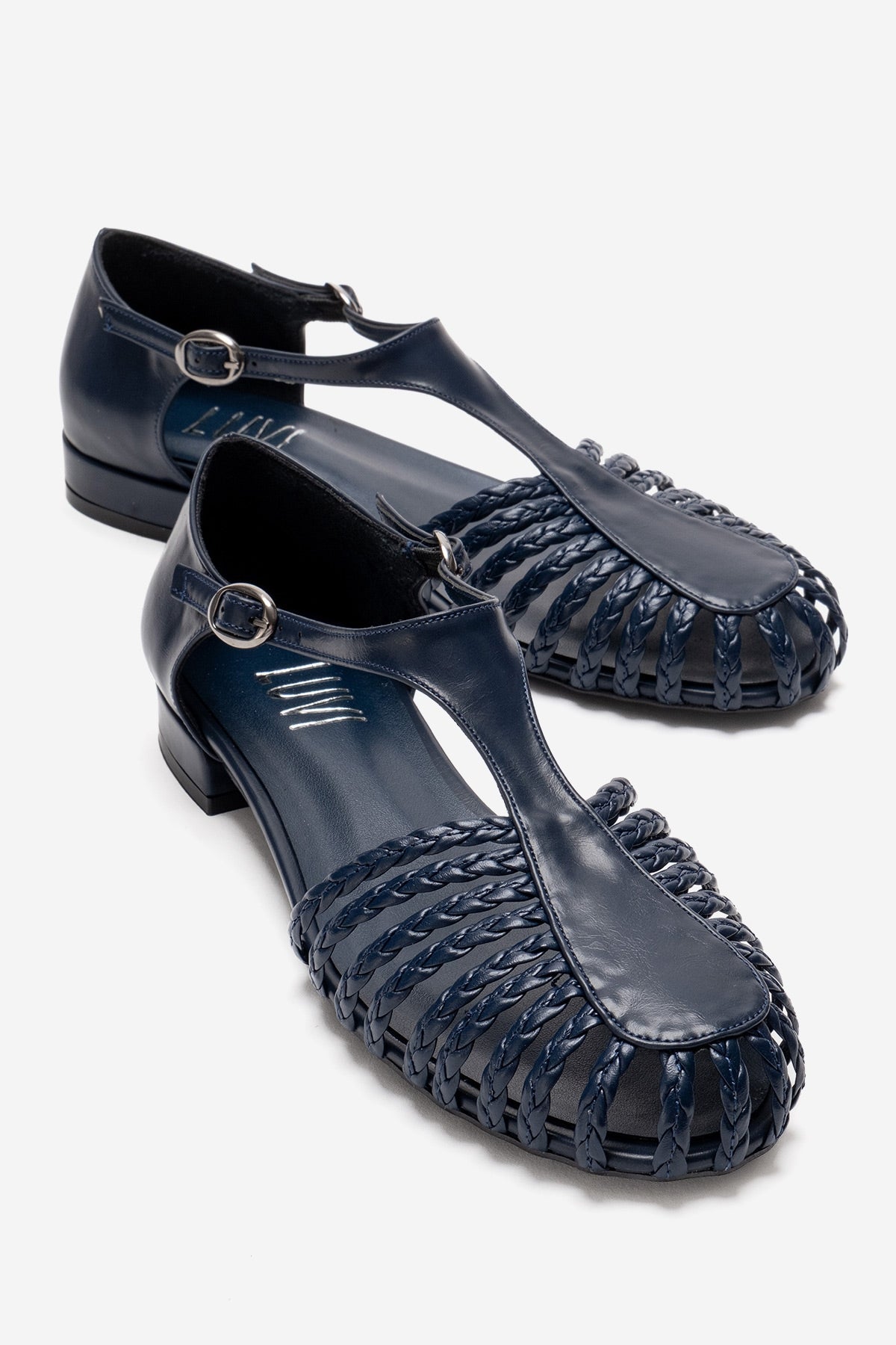 ONOS - Navy Woven Detail Sandal – front three-quarter view showing leather, Vowalisse