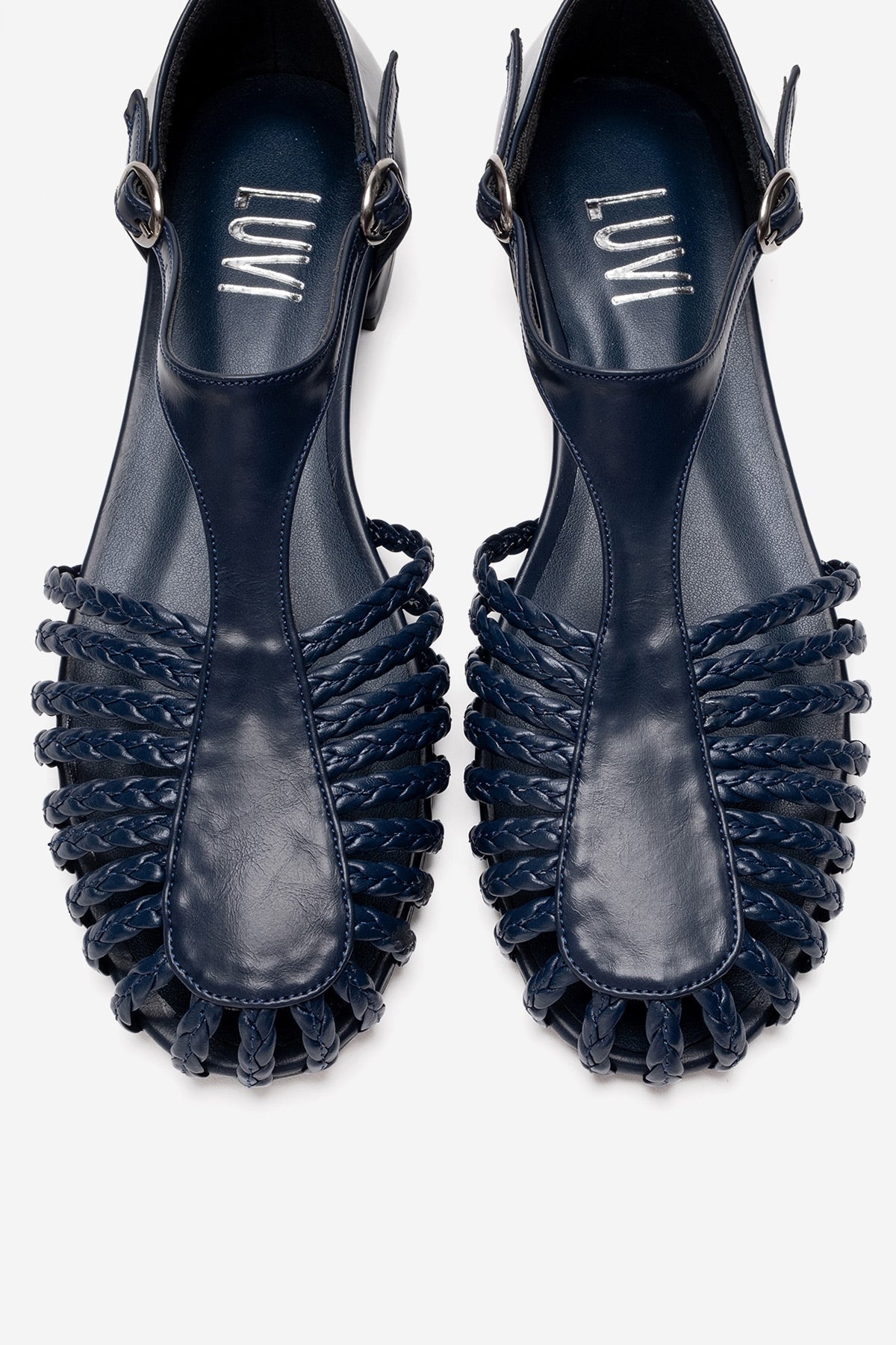 ONOS - Navy Woven Detail Sandal – side view showing leather, Vowalisse