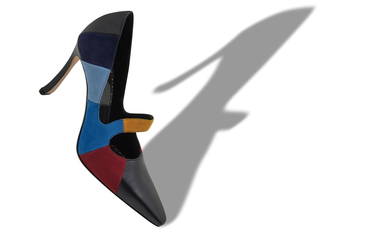 Fiorella Pearl Black Almond Toe Mary Jane Shoes – front three-quarter view showing black almond toe, suede, nappa leather…