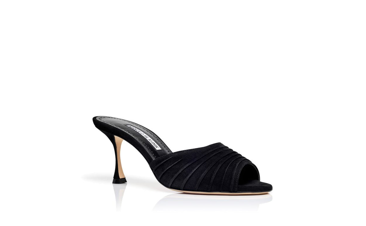 Violetta Pearl Black Open Toe Mules – top view showing black open toe, suede, Vowalisse