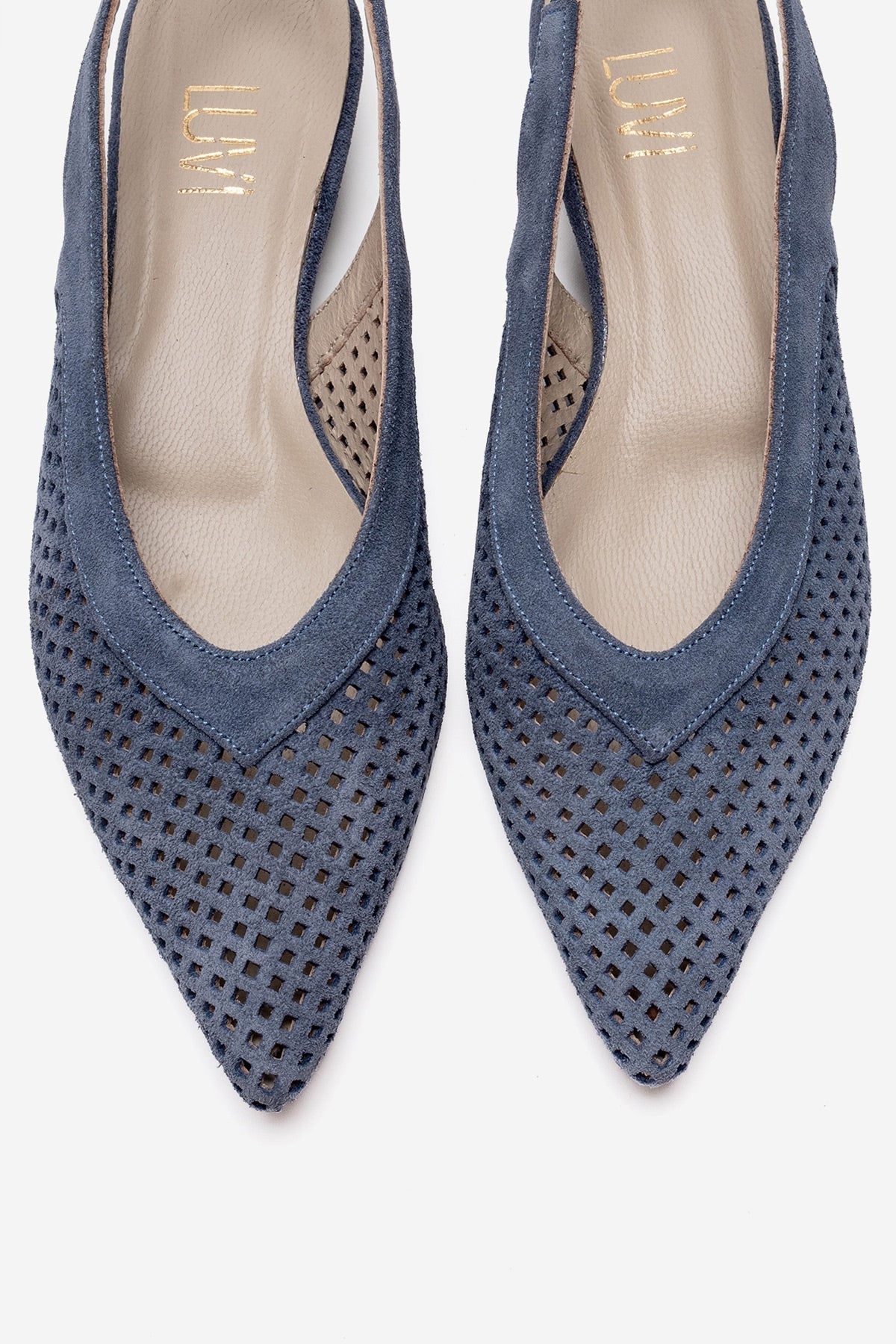 LIEVE - Denim Blue Genuine Leather Low Block Heel Shoe – side view showing leather, suede, blue, Vowalisse