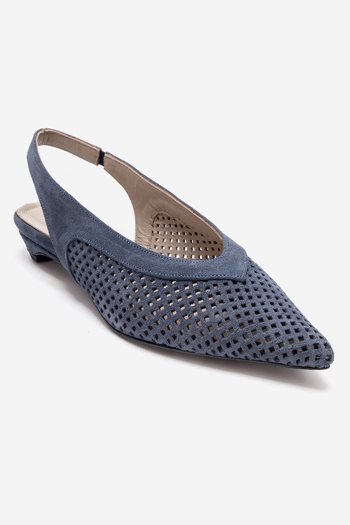 LIEVE - Denim Blue Genuine Leather Low Block Heel Shoe – heel view showing leather, suede, blue, Vowalisse