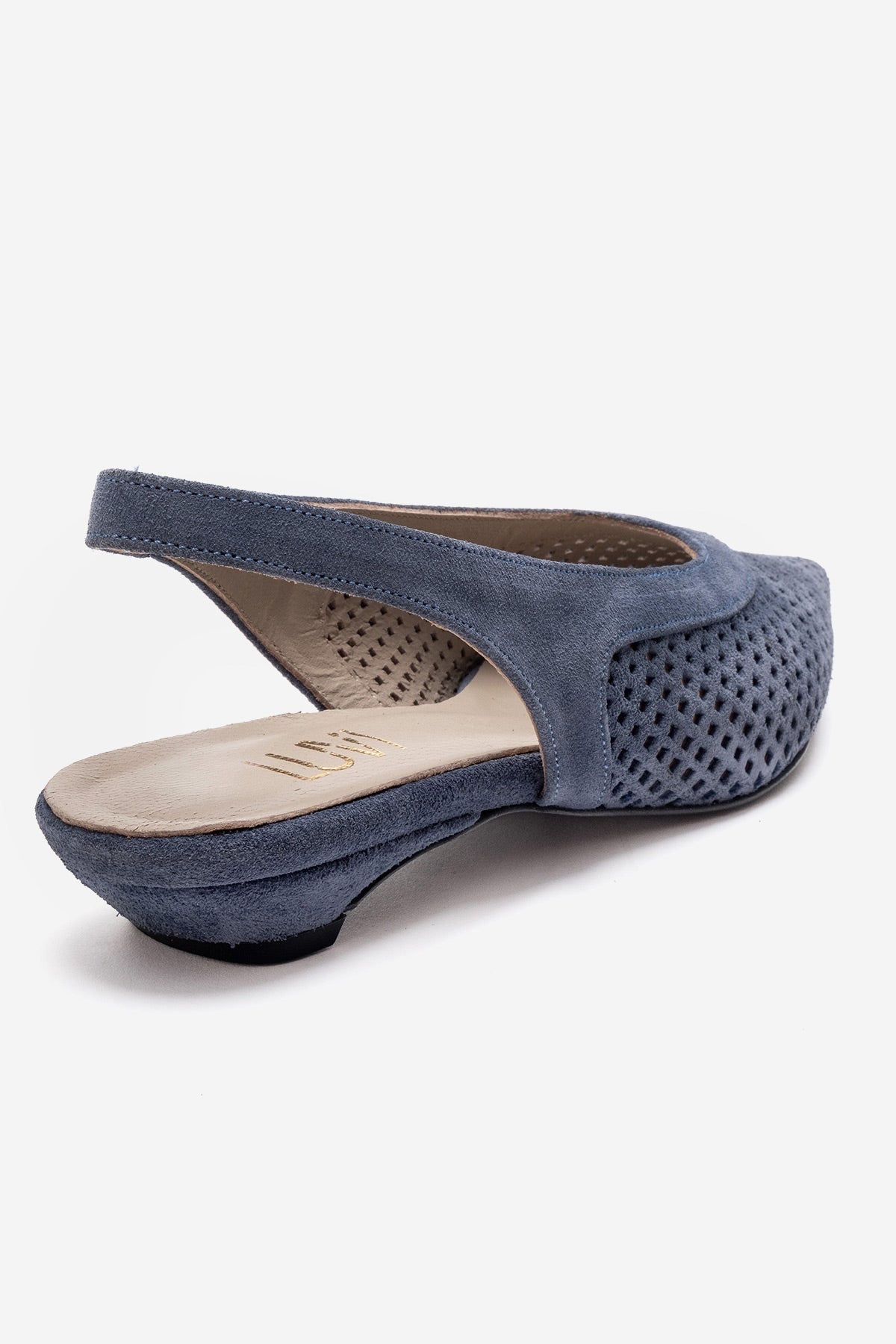 LIEVE - Denim Blue Genuine Leather Low Block Heel Shoe – back view showing leather, suede, blue, Vowalisse