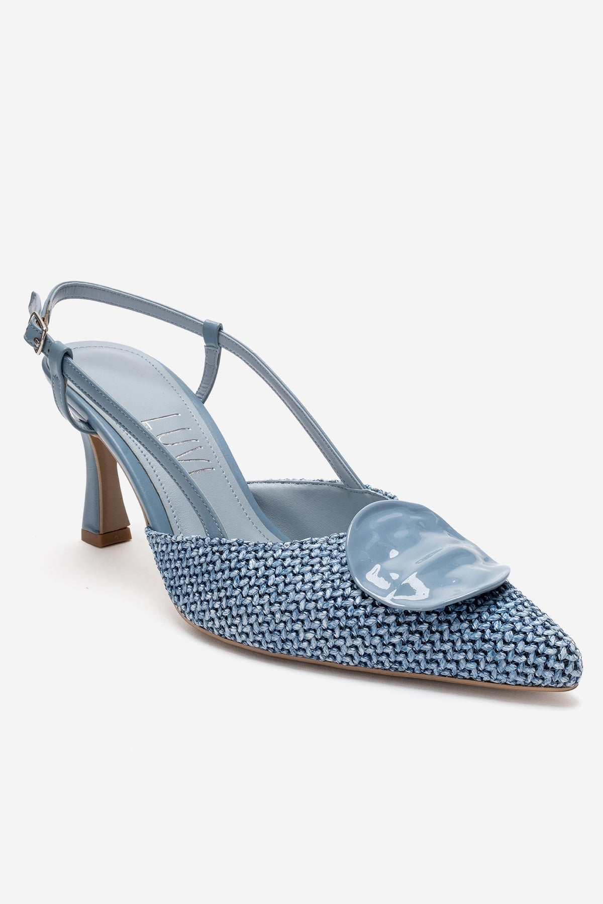 LEVIA - Blue Straw-Textured Accessory Stiletto Pump – detail view showing leather, blue, red, Vowalisse