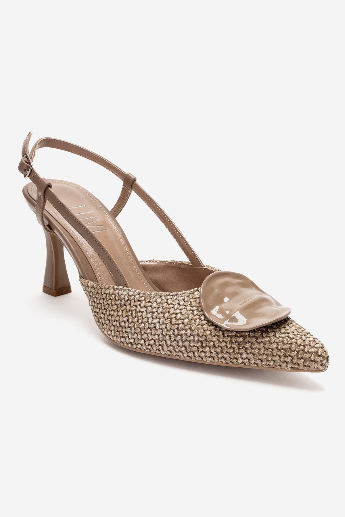 Levia - Taupe Woven-Textured Accessory-Detail Stiletto Heel Pump – detail view showing leather, red, Vowalisse
