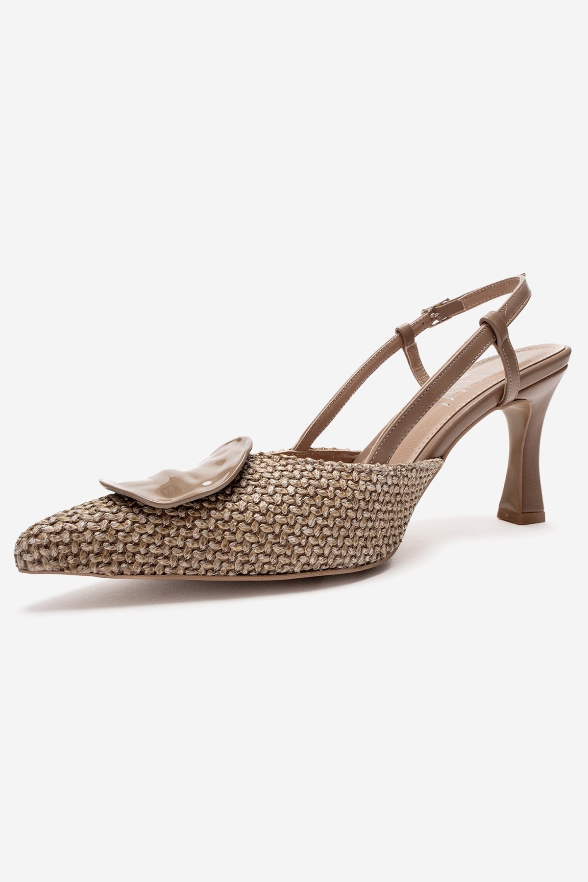 Levia - Taupe Woven-Textured Accessory-Detail Stiletto Heel Pump – heel view showing leather, red, Vowalisse