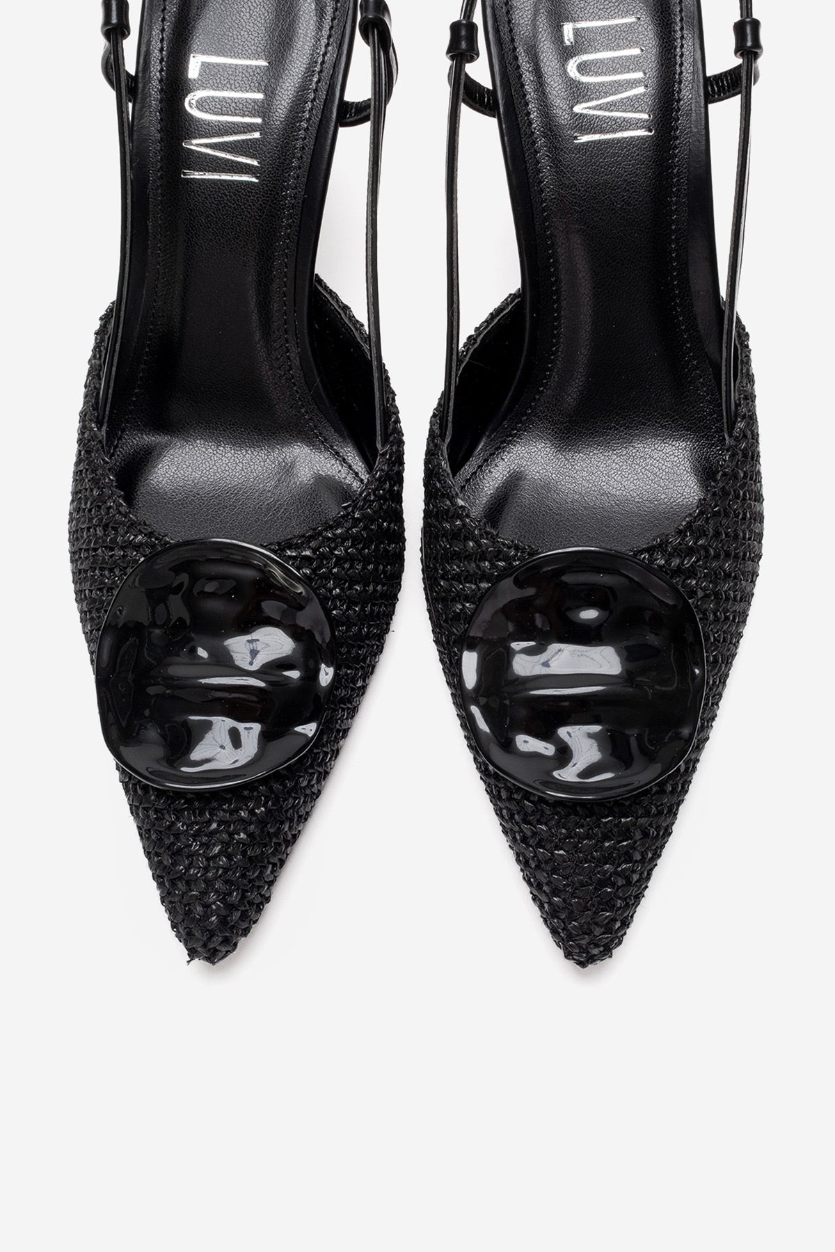 Levia - Black Woven-Textured Accessory-Detail Stiletto Heel Pump – side view showing leather, black, red, Vowalisse