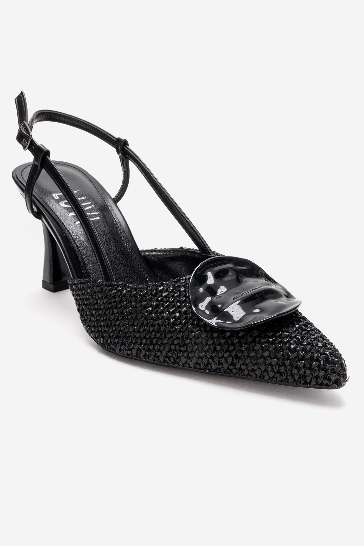 Levia - Black Woven-Textured Accessory-Detail Stiletto Heel Pump – detail view showing leather, black, red, Vowalisse