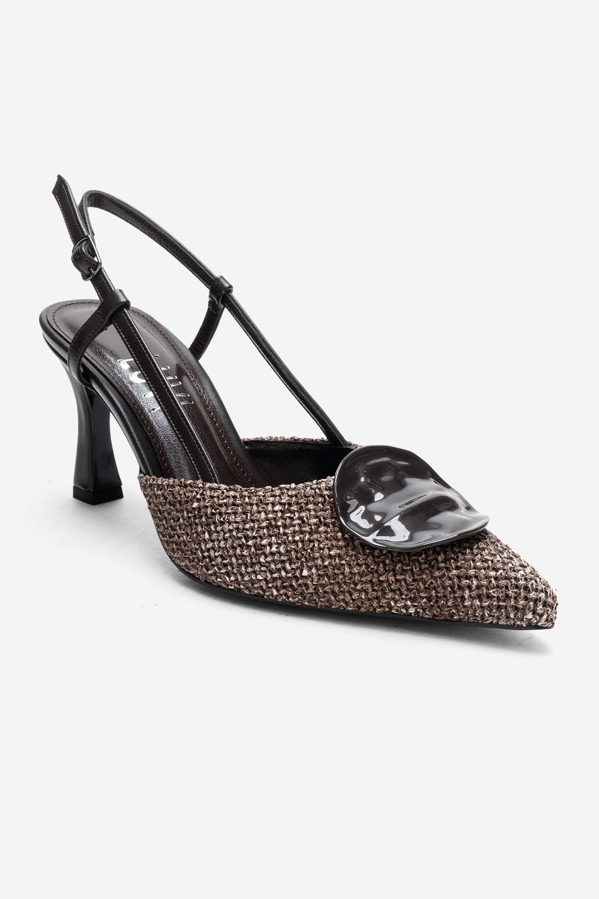 Levia - Brown Woven-Textured Accessory-Detail Stiletto Heel Pump – detail view showing leather, red, Vowalisse