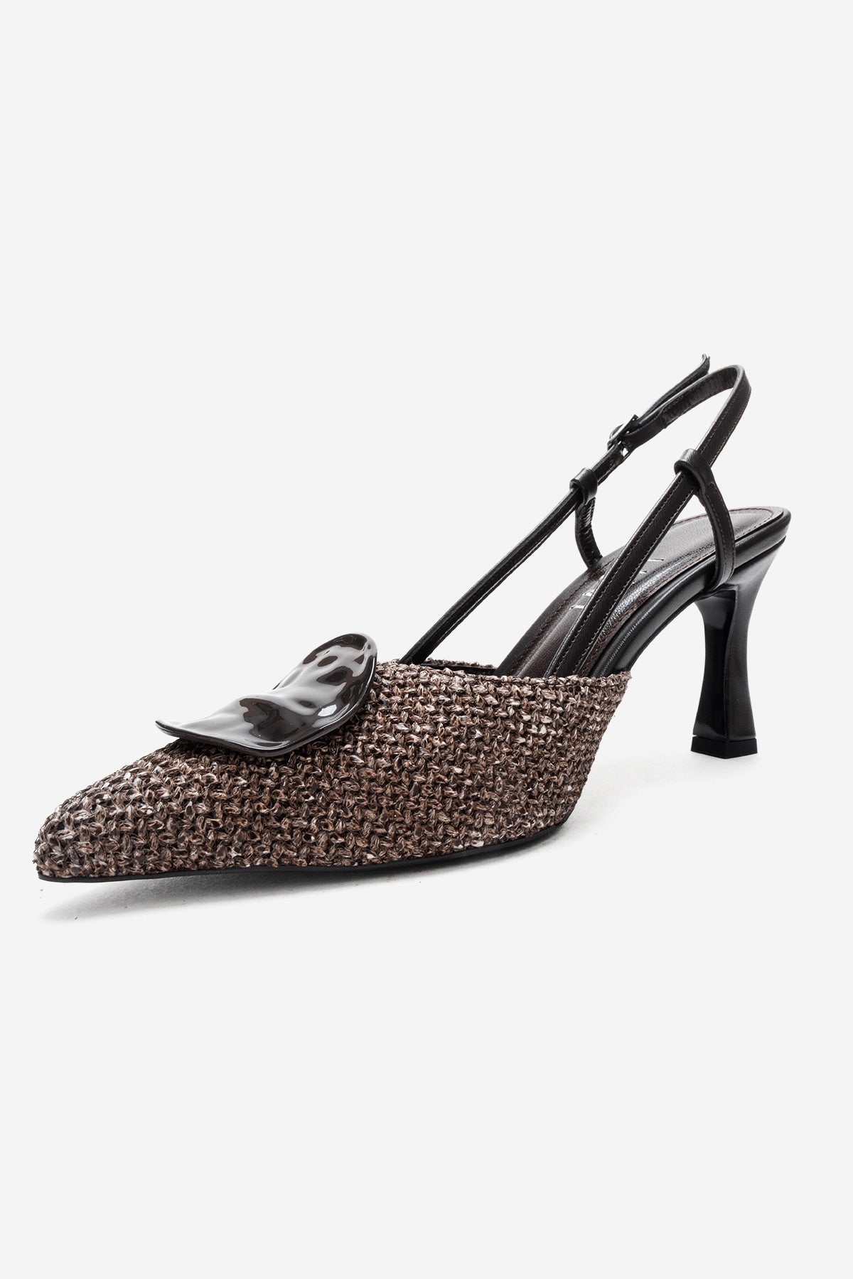Levia - Brown Woven-Textured Accessory-Detail Stiletto Heel Pump – heel view showing leather, red, Vowalisse