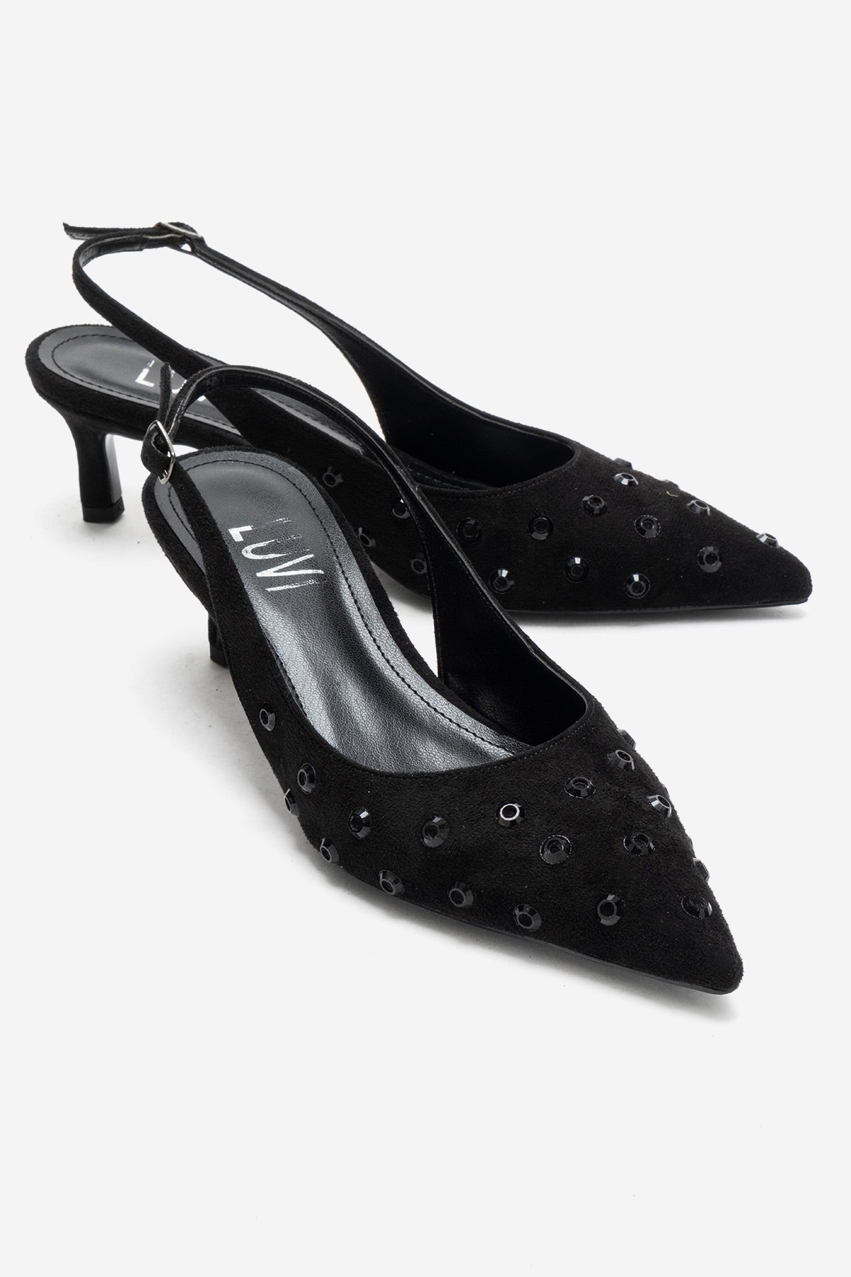 Lorex - Black Suede Embellished Stiletto Heel Pump – front three-quarter view showing leather, suede, black, Vowalisse