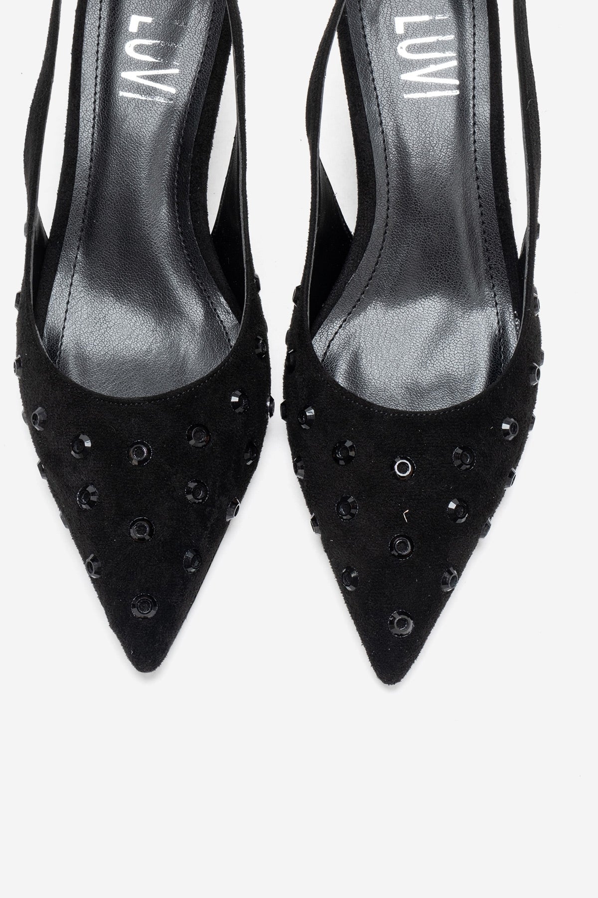Lorex - Black Suede Embellished Stiletto Heel Pump – side view showing leather, suede, black, Vowalisse