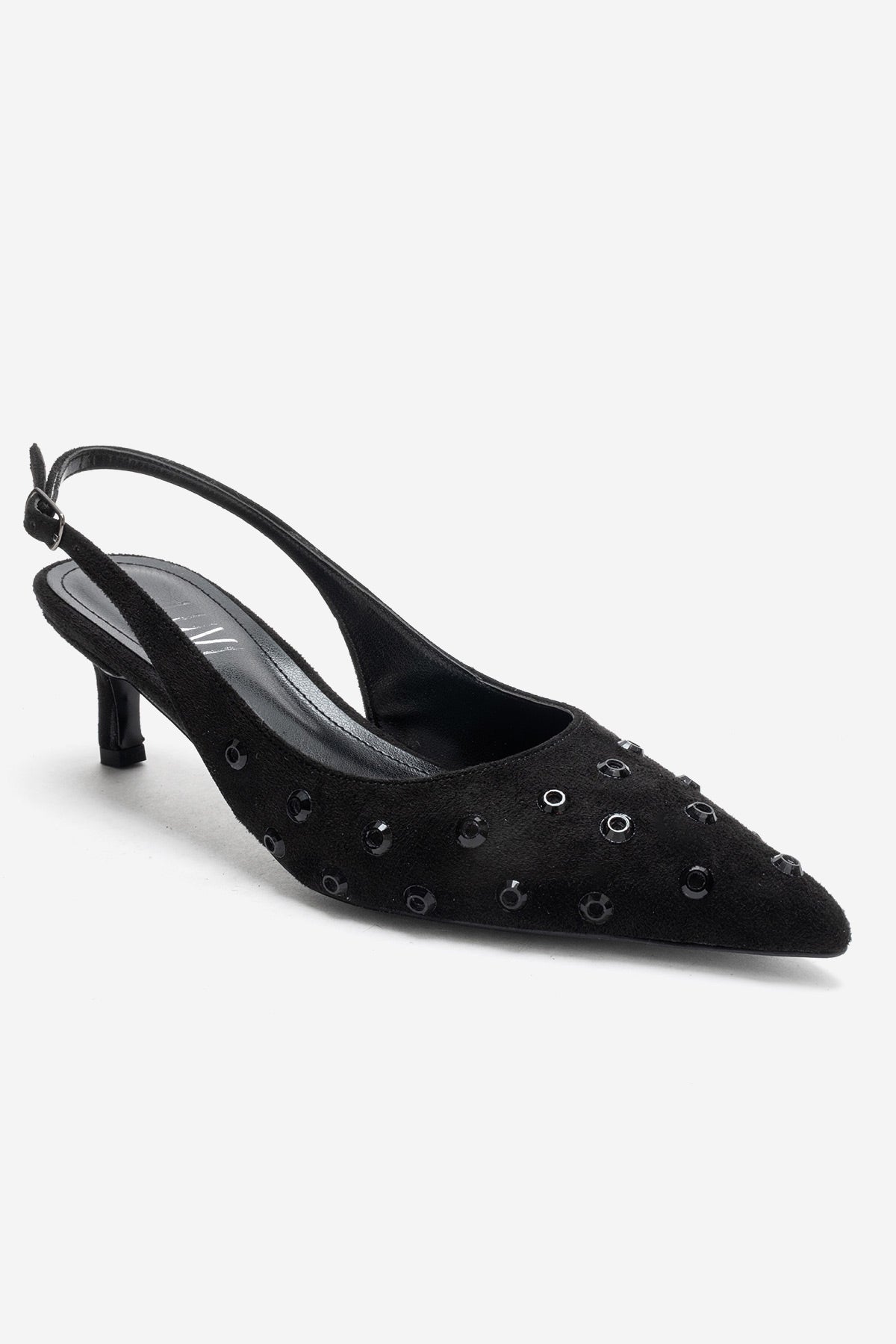 Lorex - Black Suede Embellished Stiletto Heel Pump – detail view showing leather, suede, black, Vowalisse