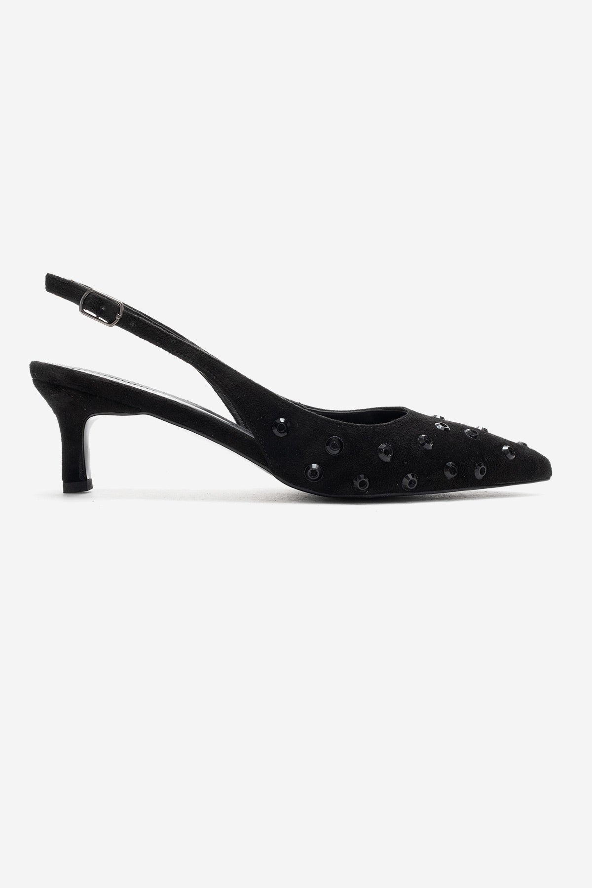 Lorex - Black Suede Embellished Stiletto Heel Pump – top view showing leather, suede, black, Vowalisse