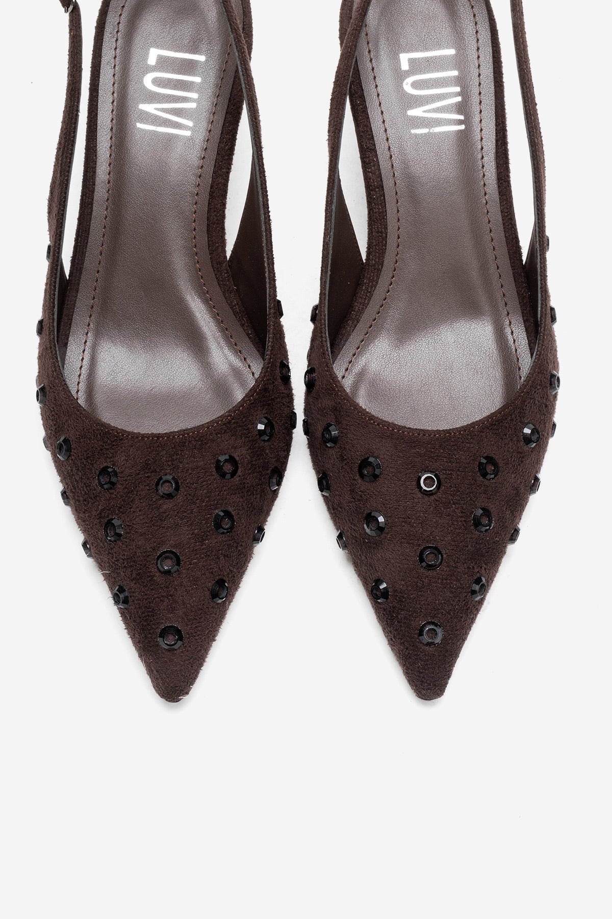 Lorex - Brown Suede Embellished Stiletto Heel Pump – side view showing leather, suede, Vowalisse