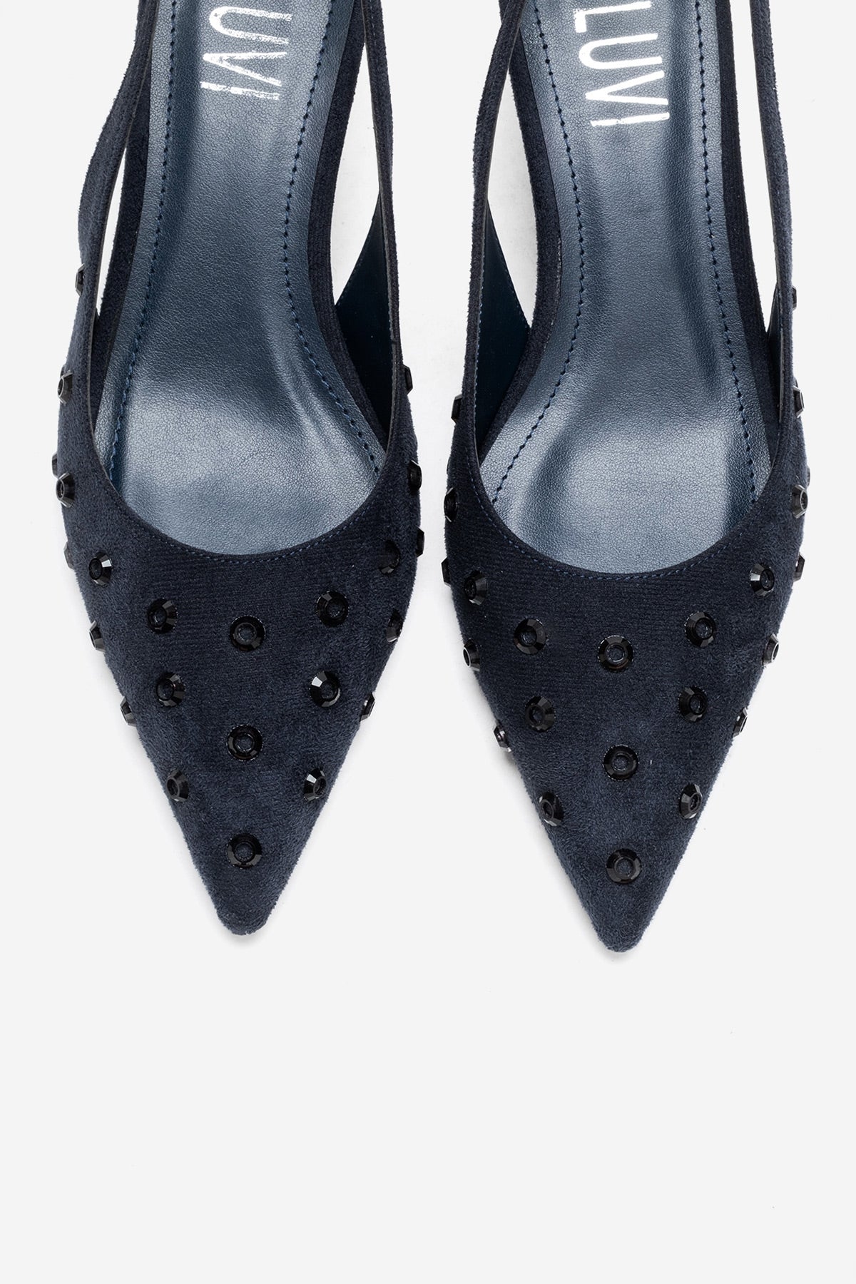 LOREX - Navy Stiletto Pump – side view showing crystal, leather, suede, Vowalisse