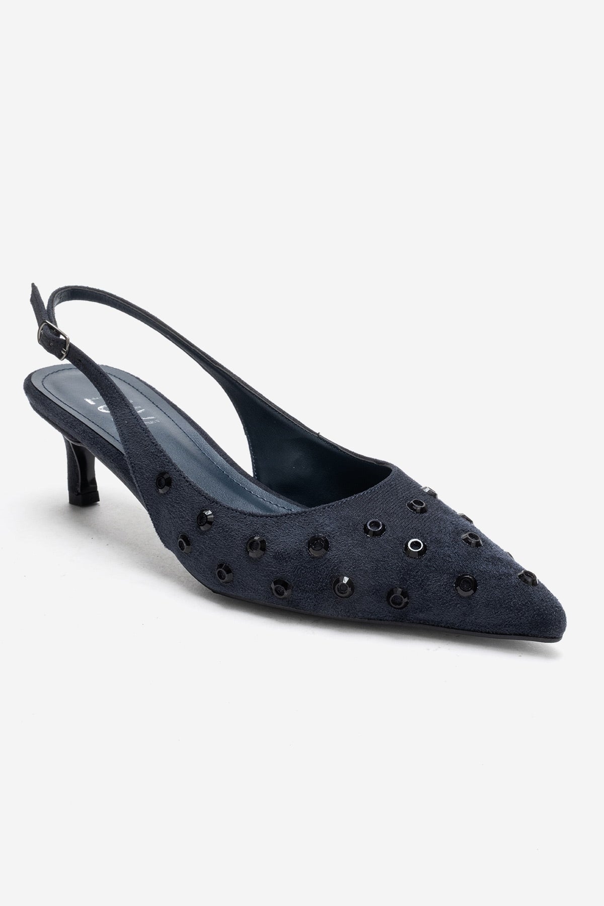 LOREX - Navy Stiletto Pump – detail view showing crystal, leather, suede, Vowalisse
