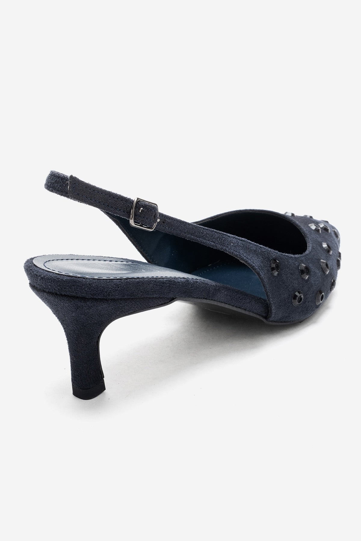 LOREX - Navy Stiletto Pump – back view showing crystal, leather, suede, Vowalisse