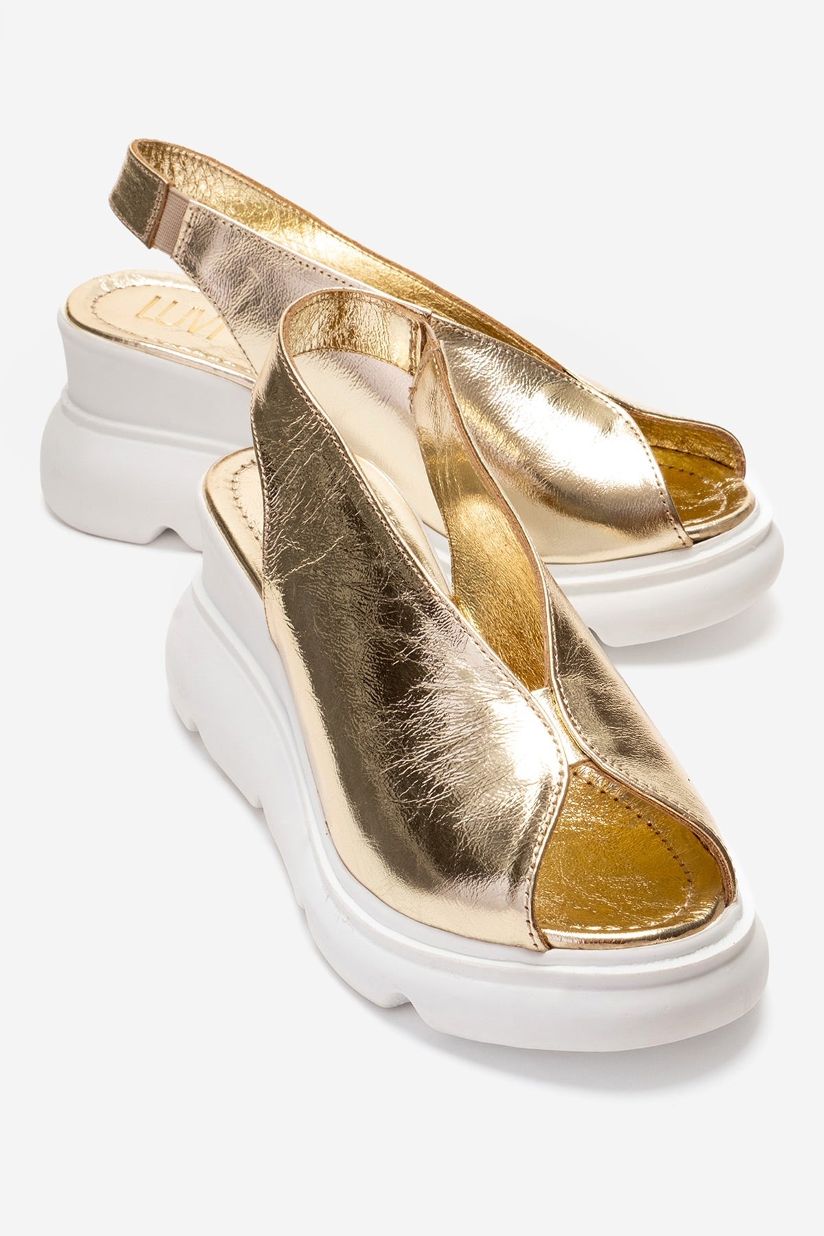 SAM - Gold Genuine Leather Platform Wedge Sandal – front three-quarter view showing leather, gold, Vowalisse