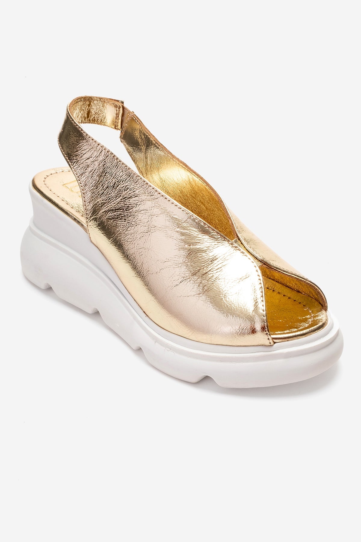 SAM - Gold Genuine Leather Platform Wedge Sandal – detail view showing leather, gold, Vowalisse