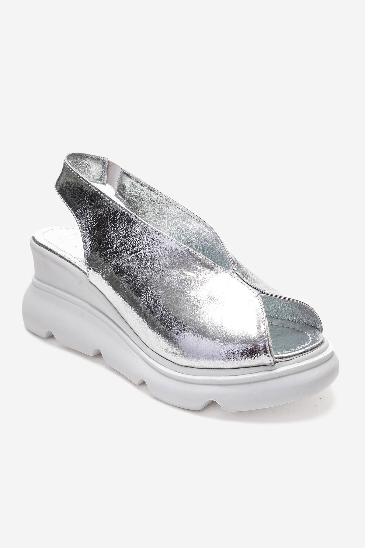 SAM - Silver Genuine Leather Wedge Sandal – detail view showing leather, metallic, silver, Vowalisse