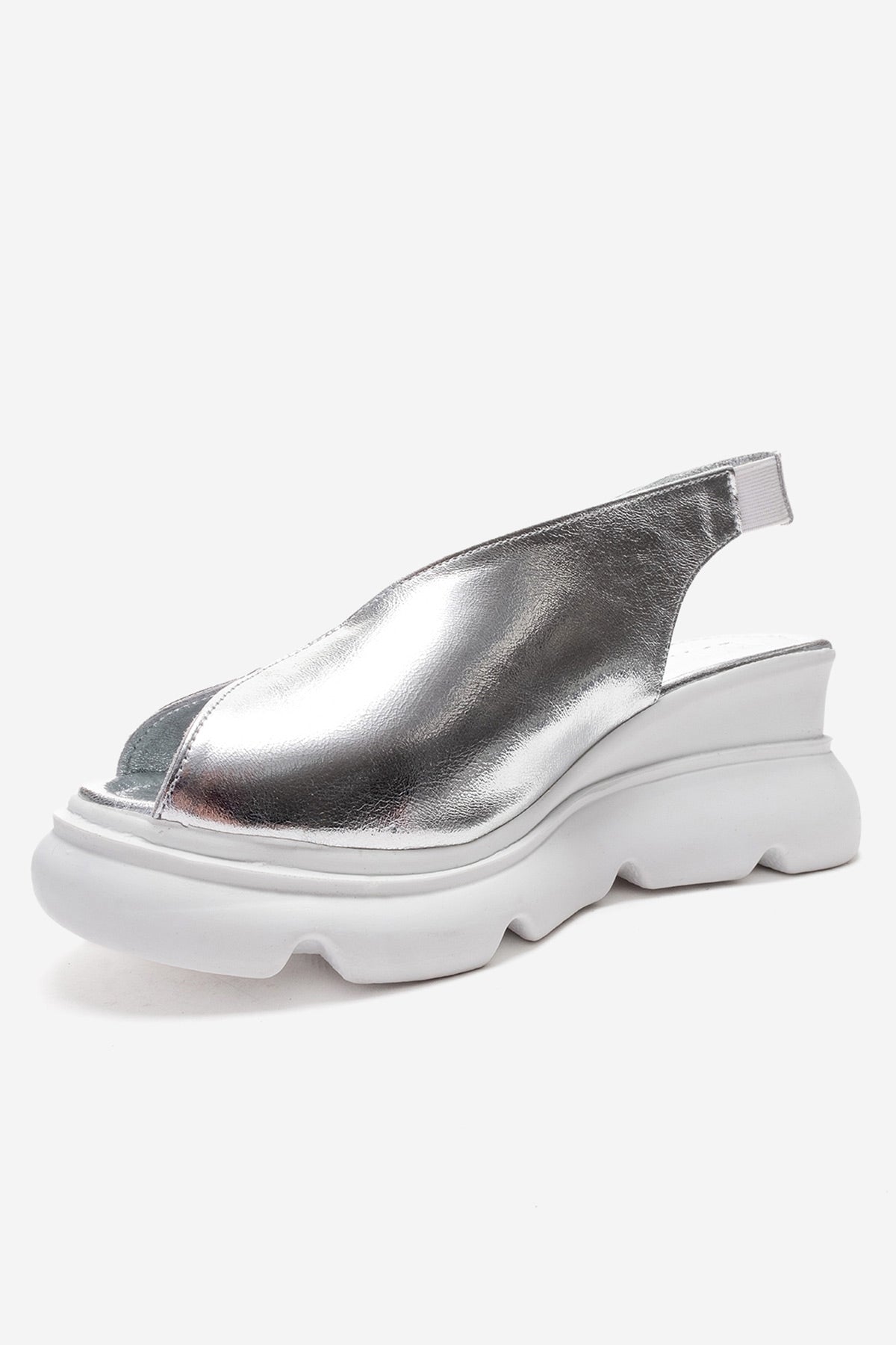 SAM - Silver Genuine Leather Wedge Sandal – heel view showing leather, metallic, silver, Vowalisse
