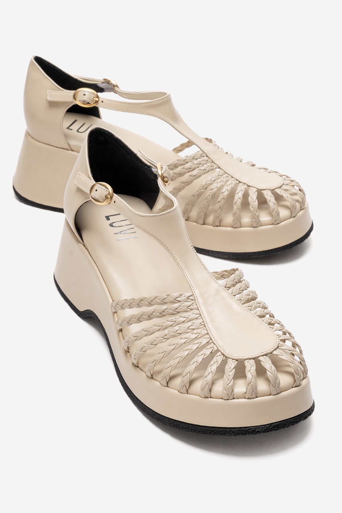 Barry - Beige Genuine Leather Woven Detail Wedge Heel Sandal – front three-quarter view showing leather, Vowalisse