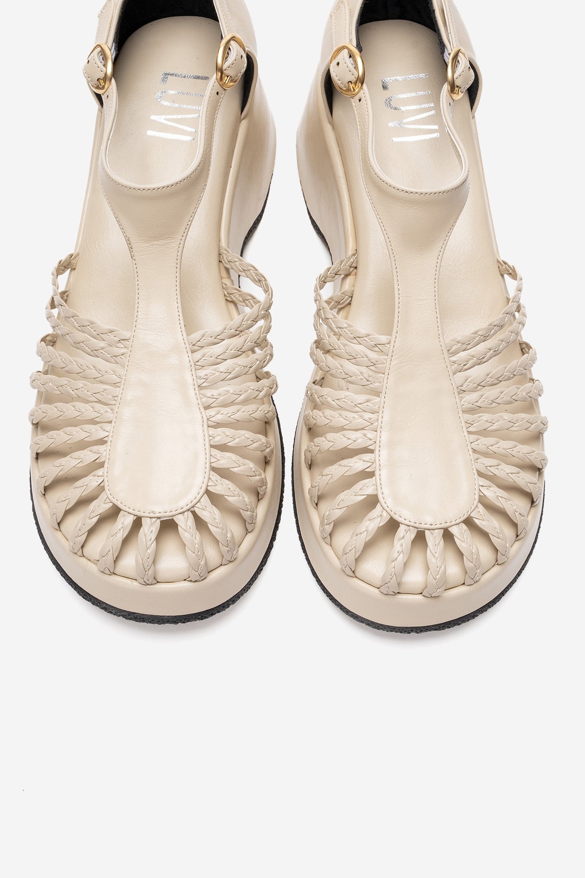 Barry - Beige Genuine Leather Woven Detail Wedge Heel Sandal – side view showing leather, Vowalisse