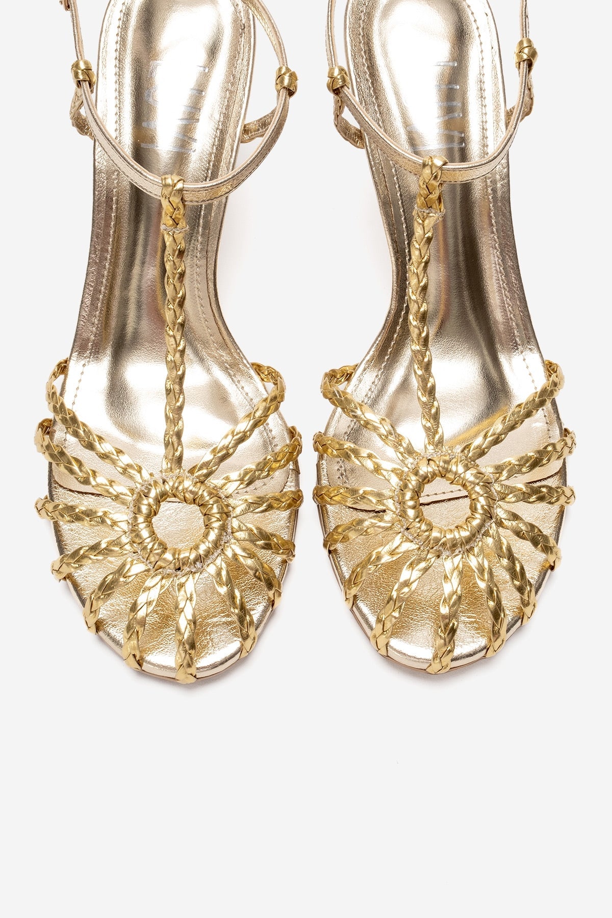Gerald - Gold Genuine Leather Woven Strap Stiletto Pump – side view showing leather, gold, Vowalisse
