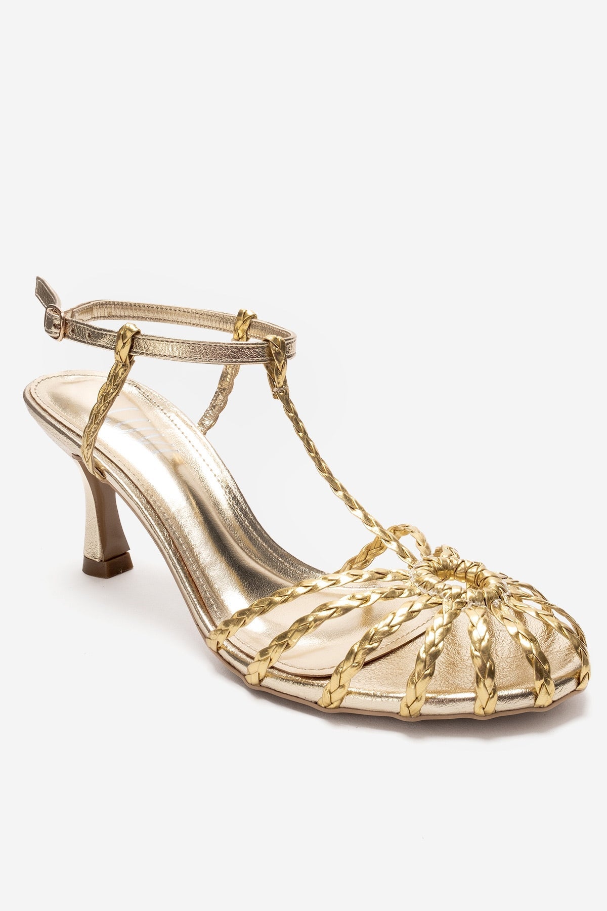Gerald - Gold Genuine Leather Woven Strap Stiletto Pump – detail view showing leather, gold, Vowalisse