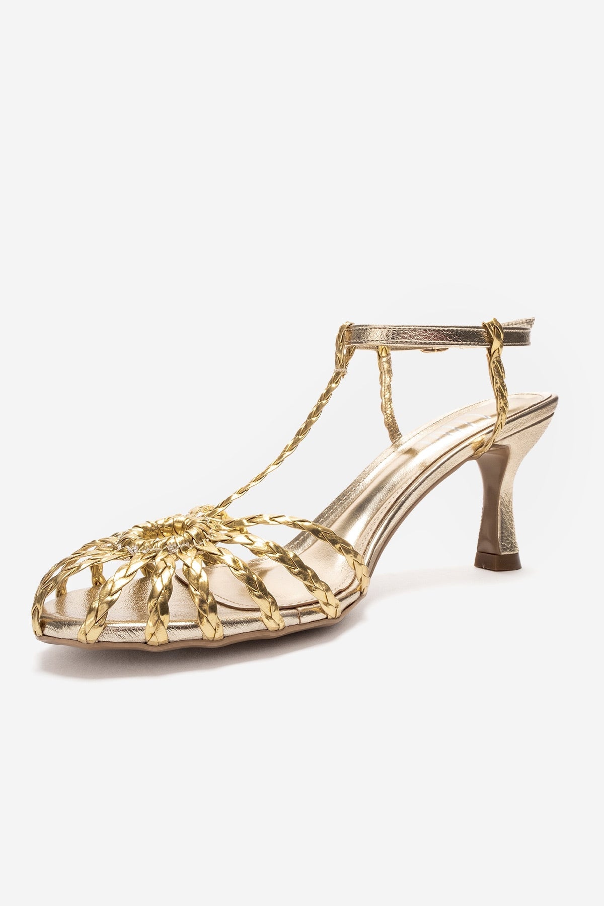 Gerald - Gold Genuine Leather Woven Strap Stiletto Pump – heel view showing leather, gold, Vowalisse