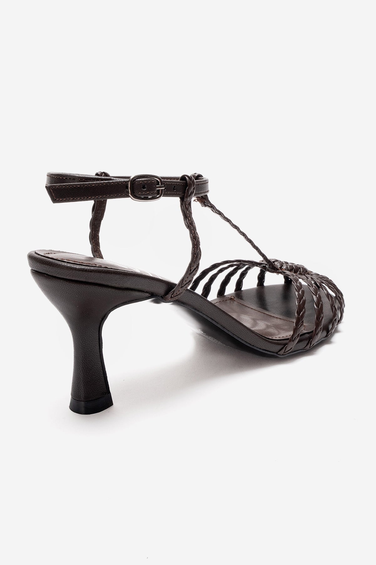 Gerald - Brown Genuine Leather Woven Strap Stiletto Pump – back view showing leather, Vowalisse
