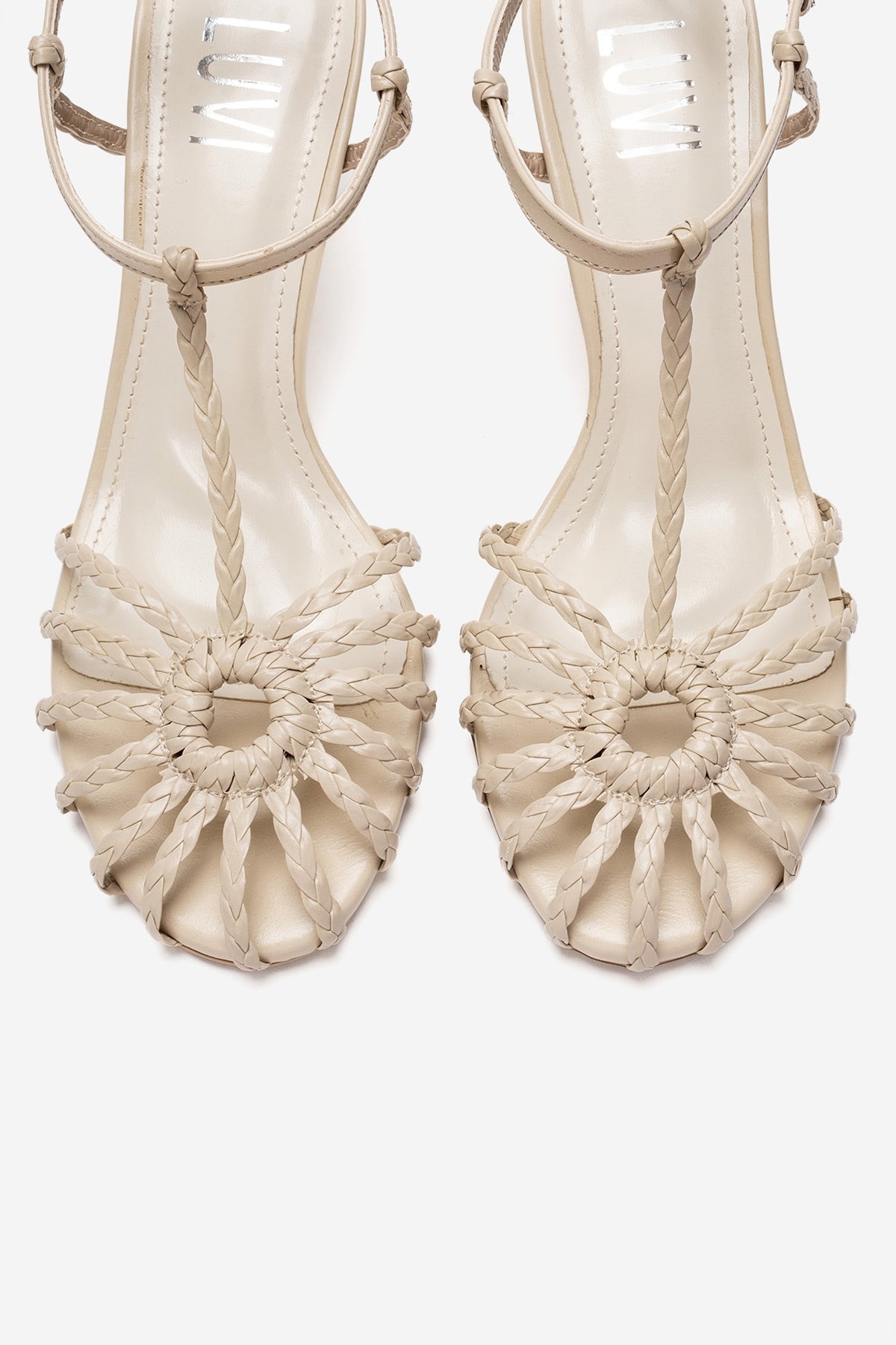 Gerald - Beige Genuine Leather Woven Strap Stiletto Pump – side view showing leather, Vowalisse