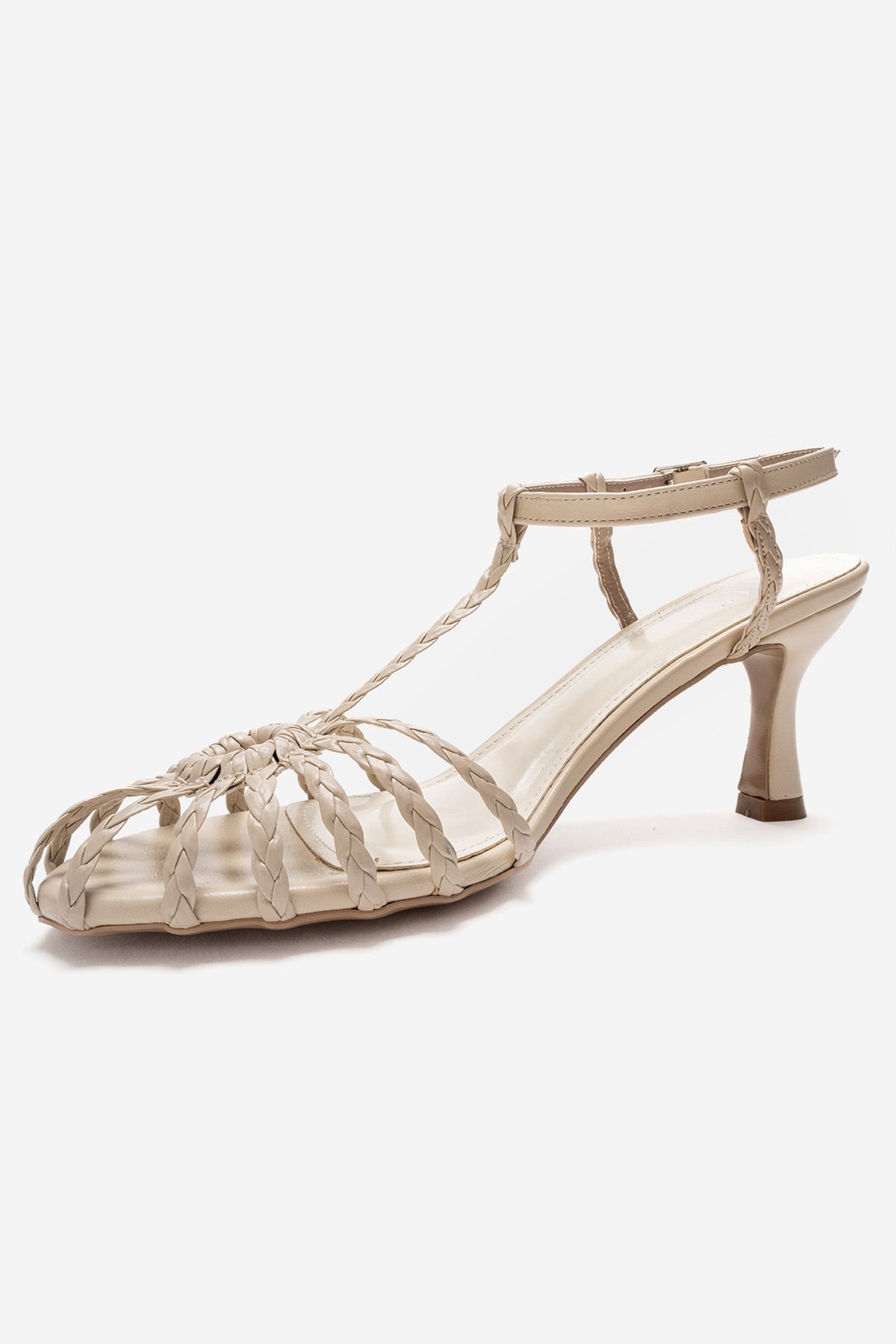Gerald - Beige Genuine Leather Woven Strap Stiletto Pump – heel view showing leather, Vowalisse