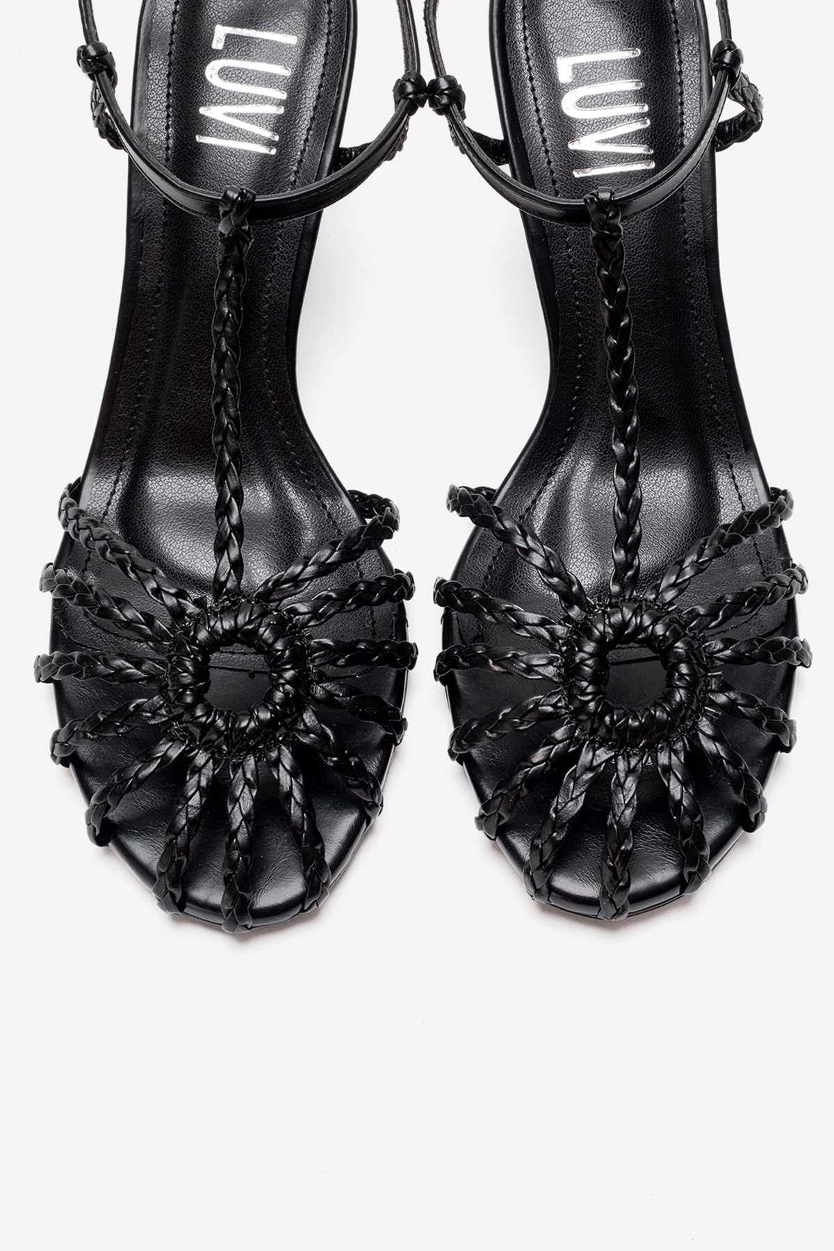 Gerald - Black Genuine Leather Woven Strap Stiletto Pump – side view showing leather, black, Vowalisse