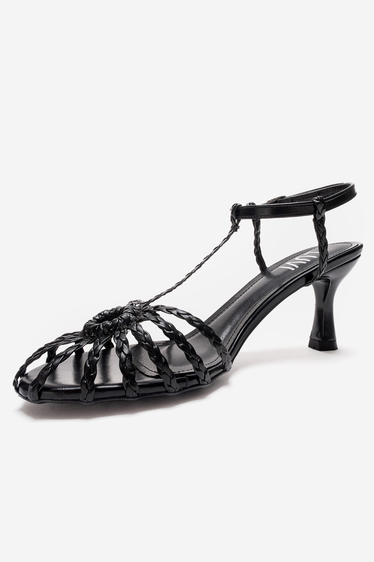 Gerald - Black Genuine Leather Woven Strap Stiletto Pump – heel view showing leather, black, Vowalisse