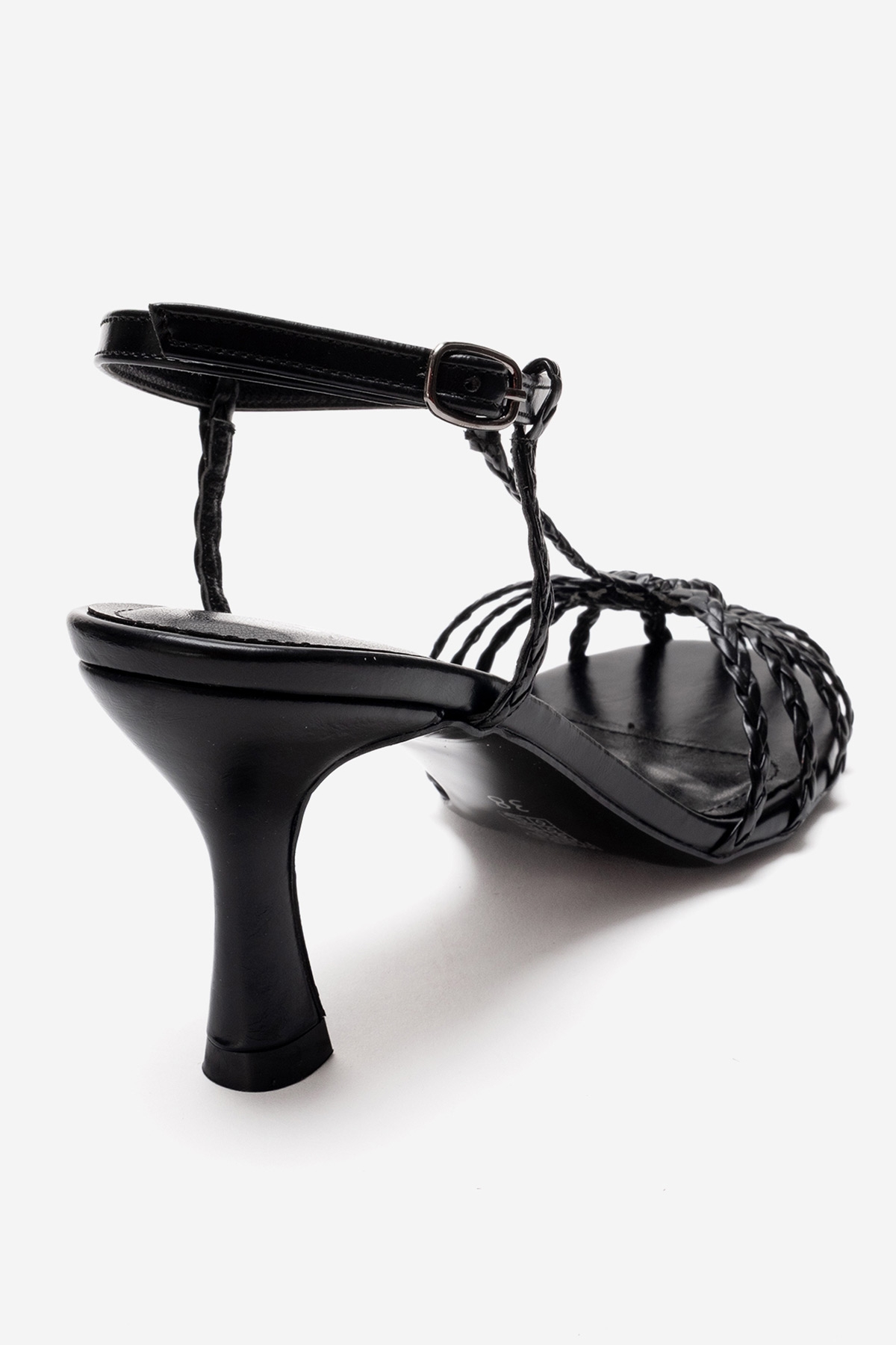 Gerald - Black Genuine Leather Woven Strap Stiletto Pump – back view showing leather, black, Vowalisse