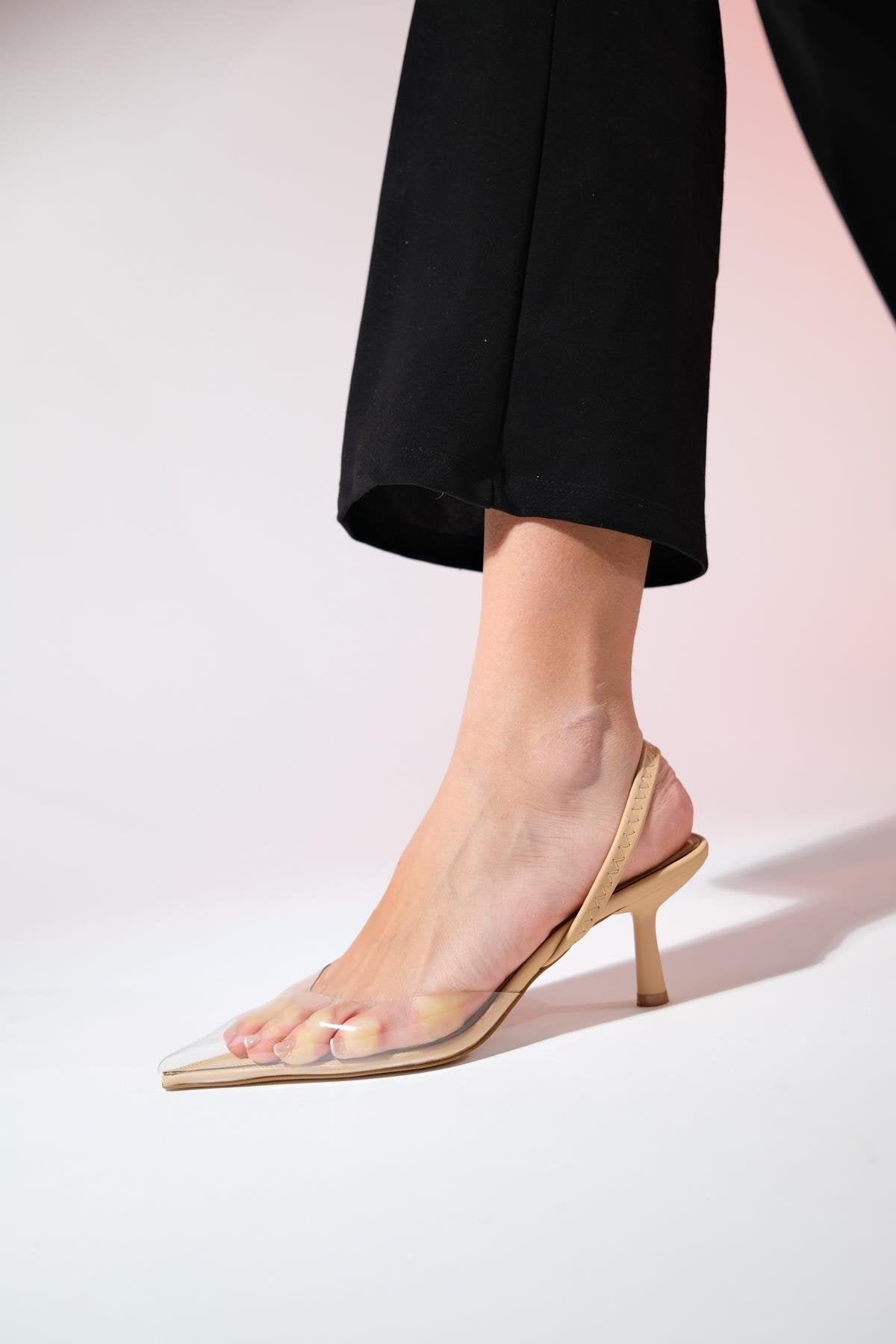 Nelson - Beige Transparent Backless Pointed Toe Stiletto – heel view showing leather, Vowalisse